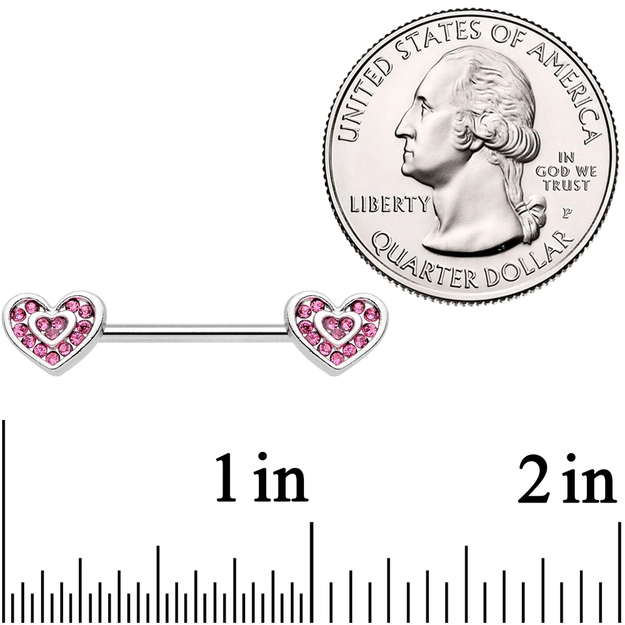 14G 9/16 Pink Gem Passionate Heart Barbell Nipple Ring Set - Image 2