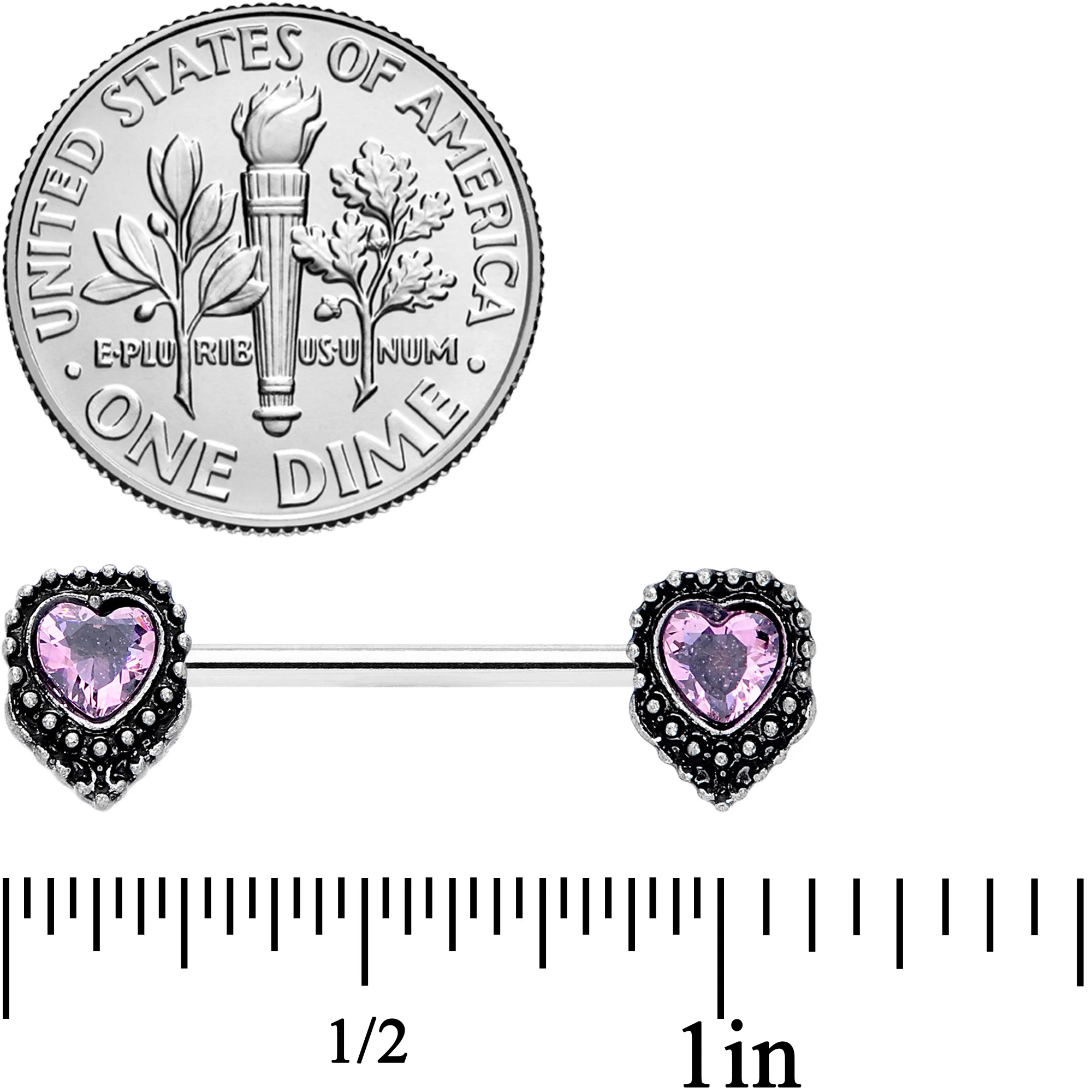 14G 9/16 Pink Gem Regal Valentine Heart Barbell Nipple Ring Set - Image 3