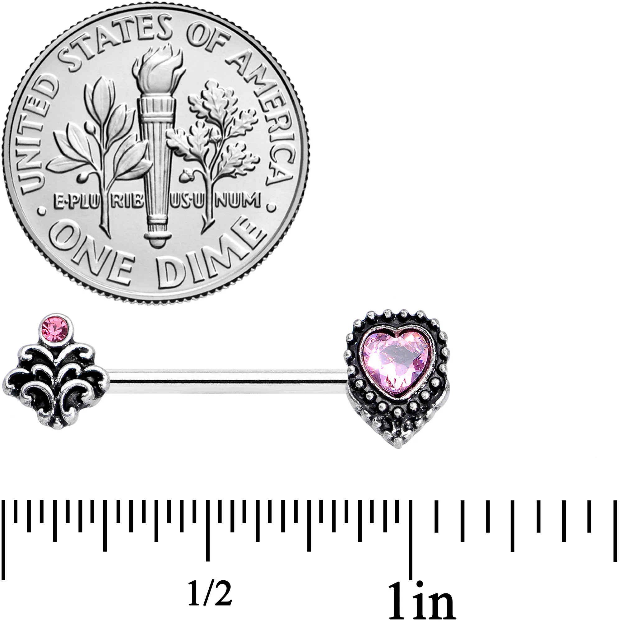 14G 9/16 Pink Gem Regal Valentines Heart Barbell Nipple Ring Set - Image 2
