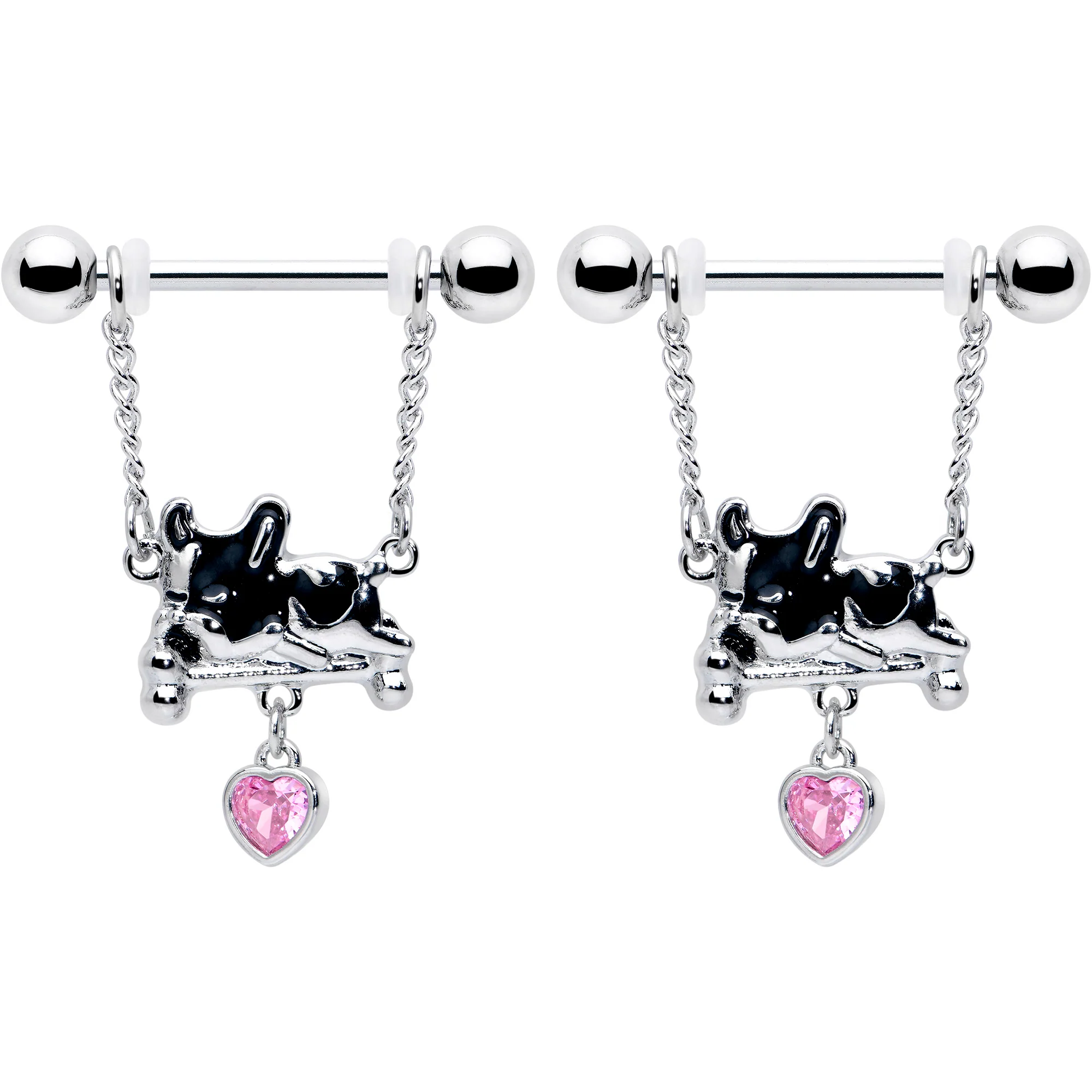 14G 9/16 Pink Gem Sleepy French Bulldog Chain Dangle Nipple Ring Set - Image 2