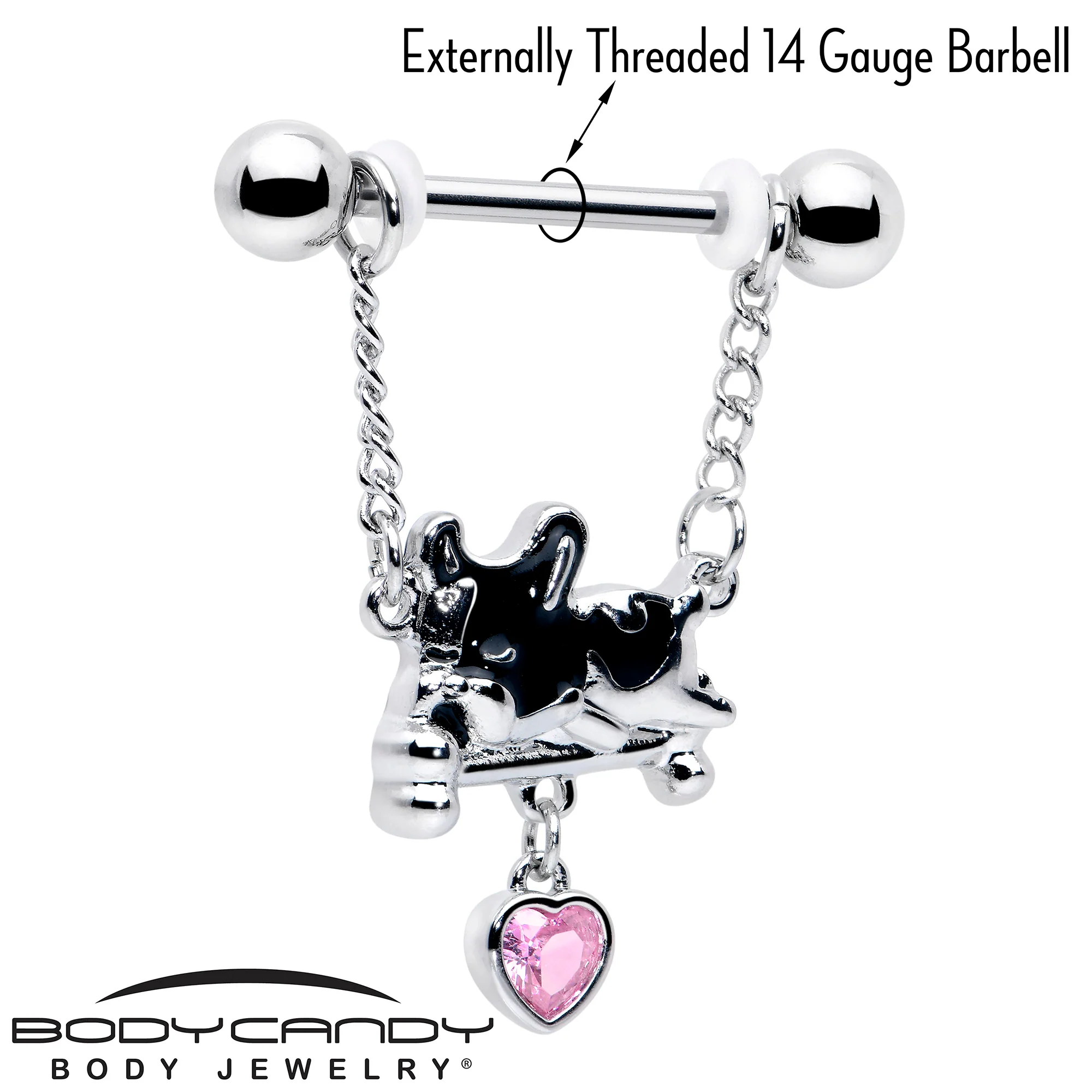 14G 9/16 Pink Gem Sleepy French Bulldog Chain Dangle Nipple Ring Set - Image 3