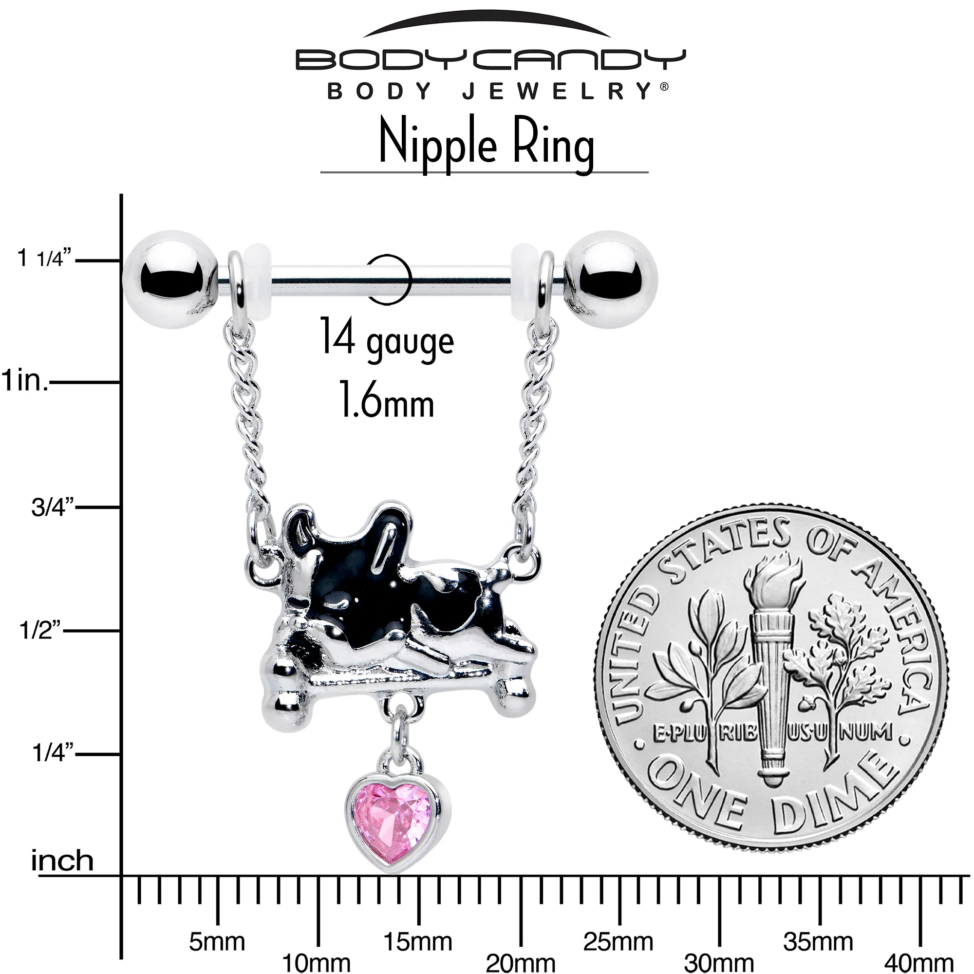 14G 9/16 Pink Gem Sleepy French Bulldog Chain Dangle Nipple Ring Set - Image 4