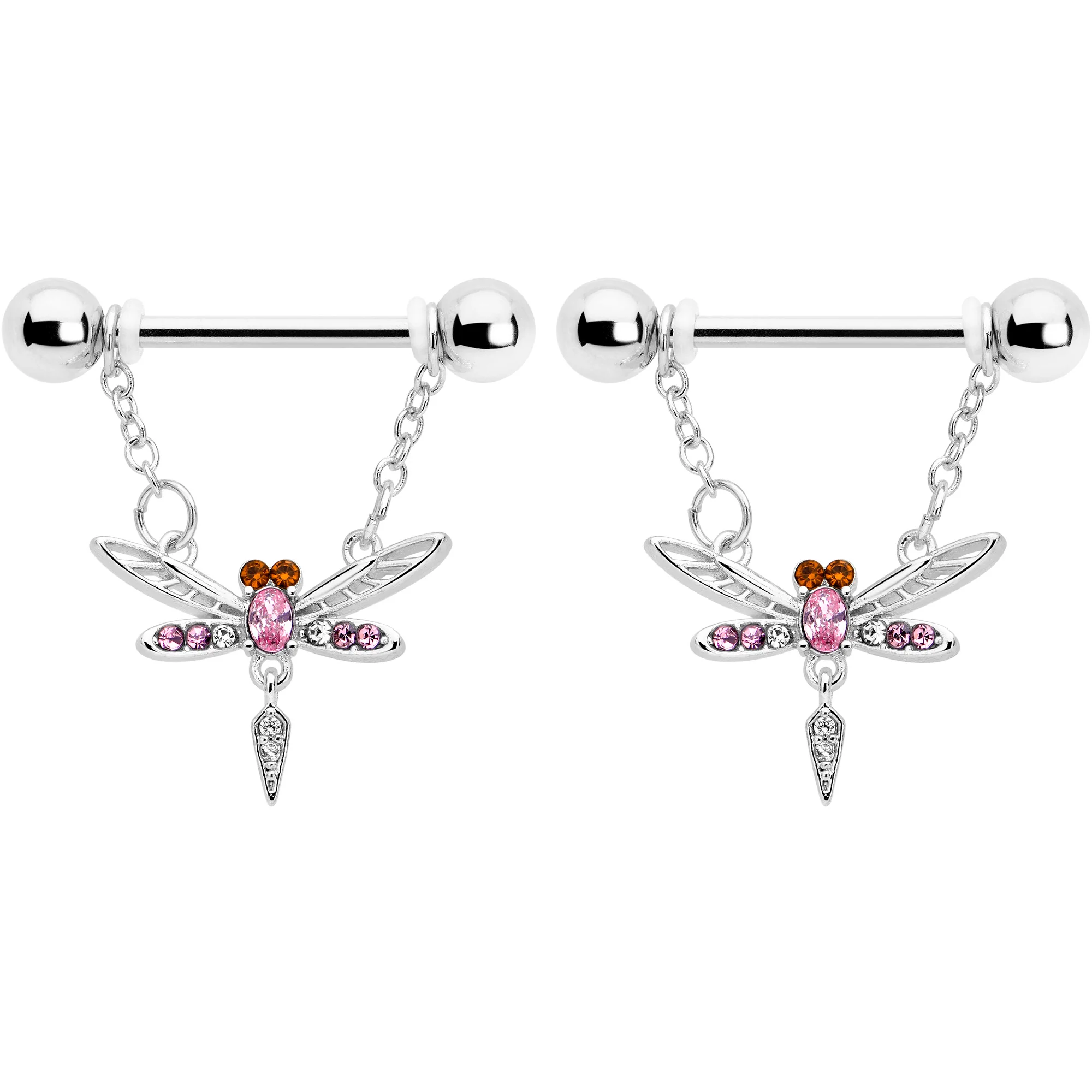 14G 9/16 Pink Gem Swank Dragonfly Dangle Nipple Ring Set - Image 2