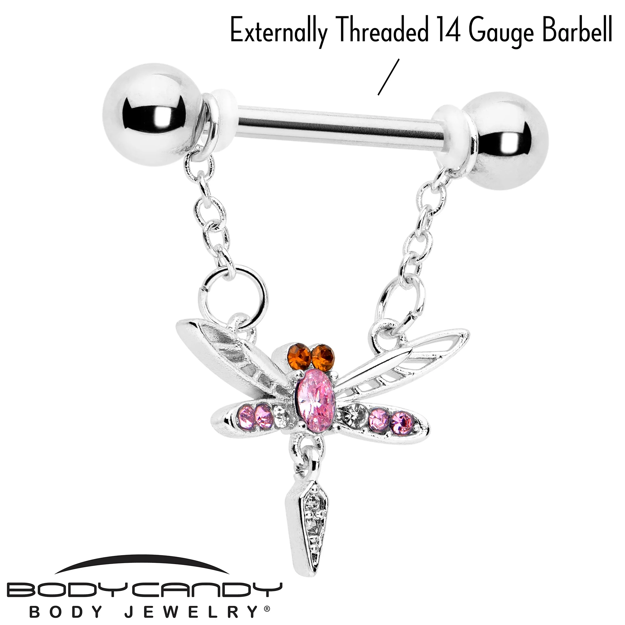 14G 9/16 Pink Gem Swank Dragonfly Dangle Nipple Ring Set - Image 3