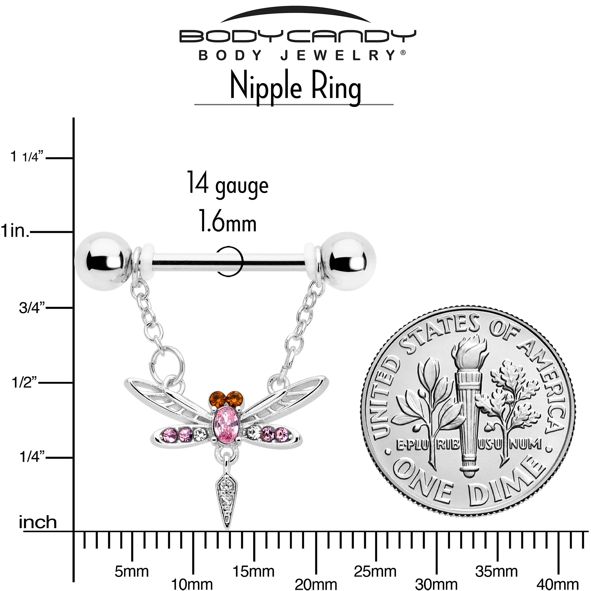 14G 9/16 Pink Gem Swank Dragonfly Dangle Nipple Ring Set - Image 4