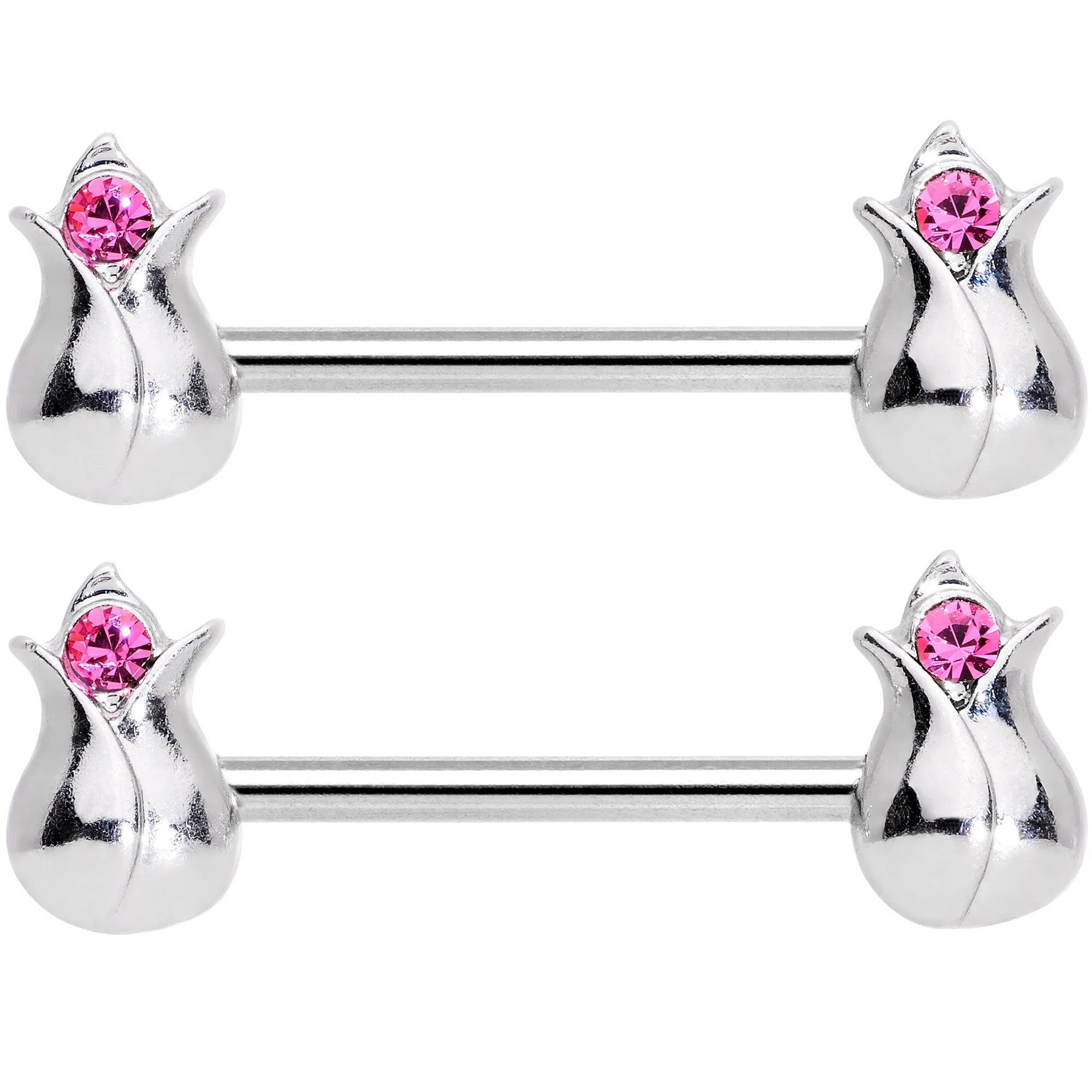 14G 9/16 Pink Gem Tulip Flower Barbell Nipple Ring Set - Image 2