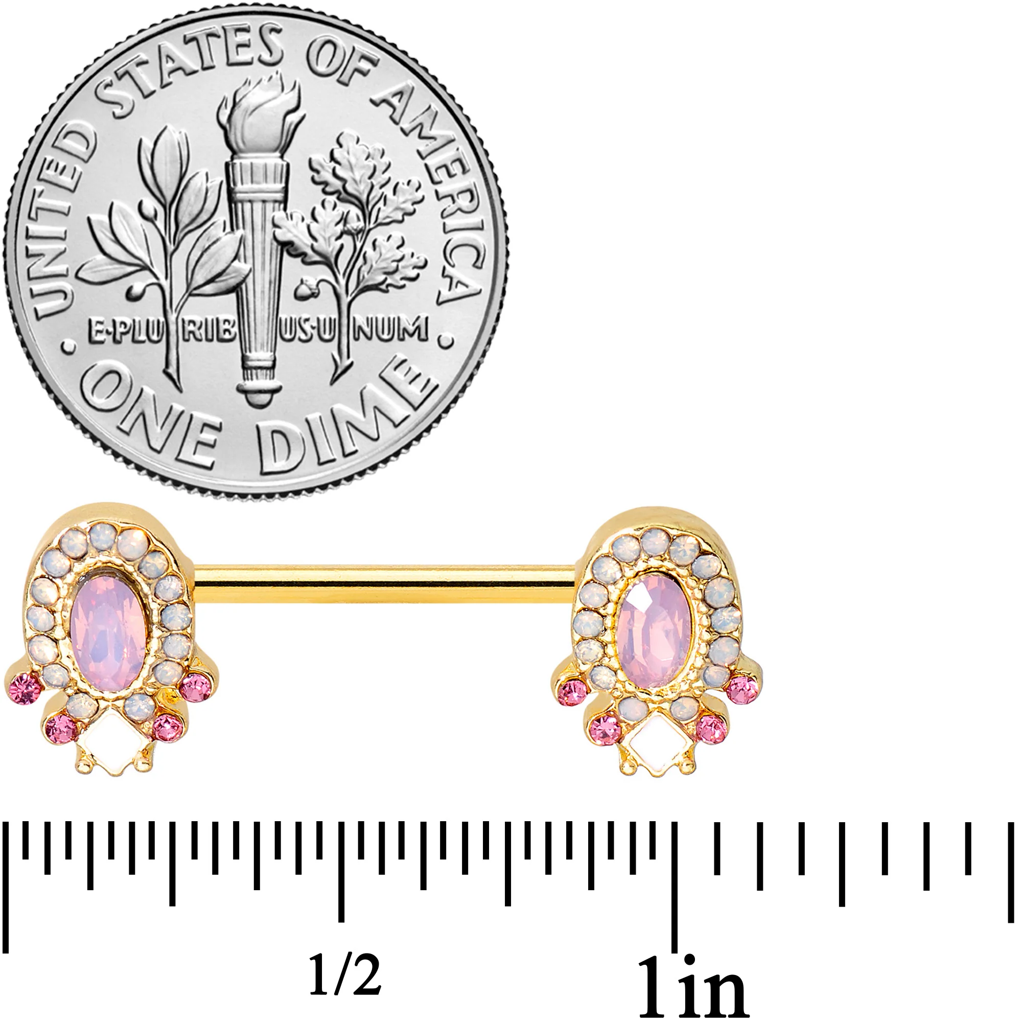 14G 9/16 Pink Gem White Faux Opal Gold Tone Barbell Nipple Set - Image 2