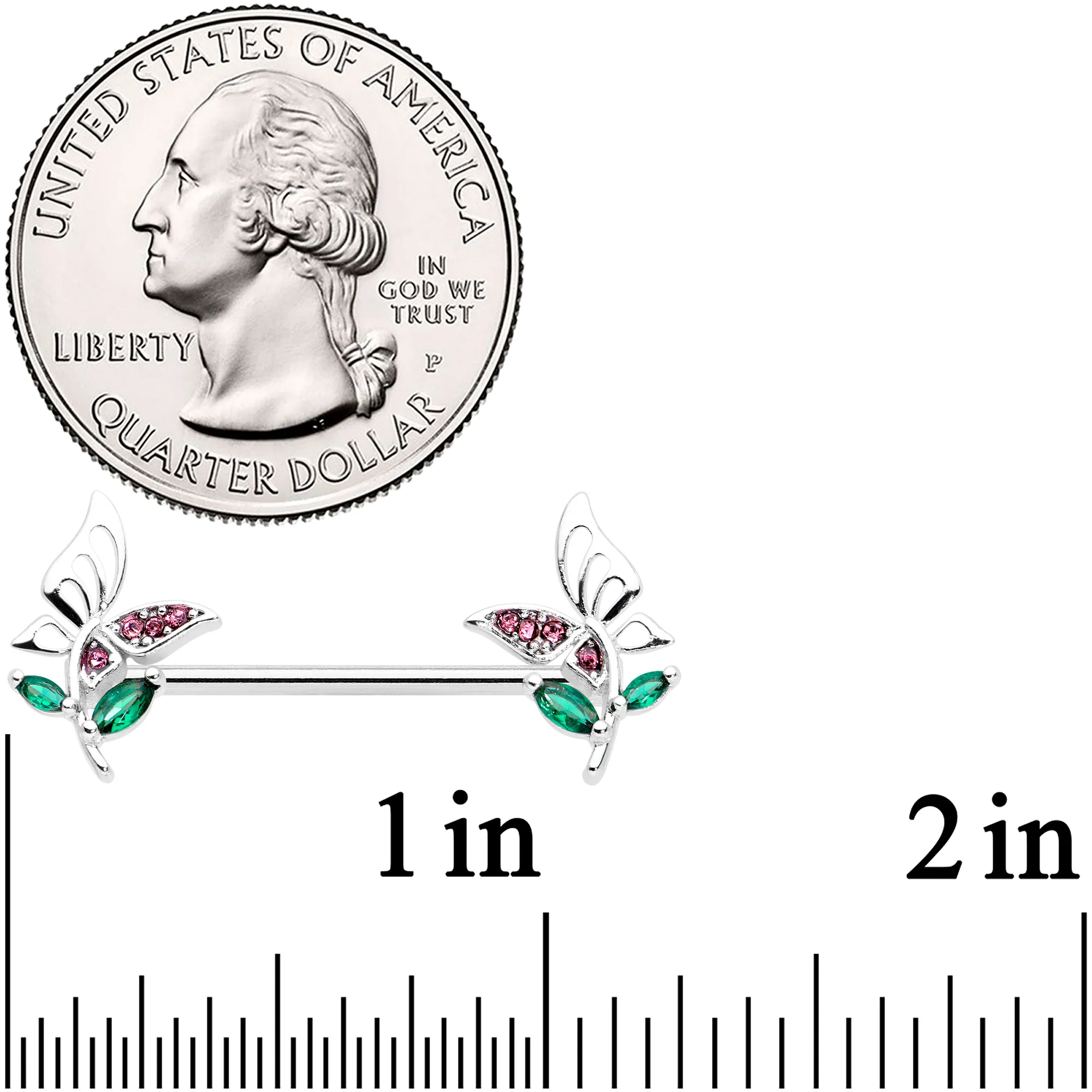 14G 9/16 Pink Green Gem Floral Butterfly Nipple Ring Set - Image 2
