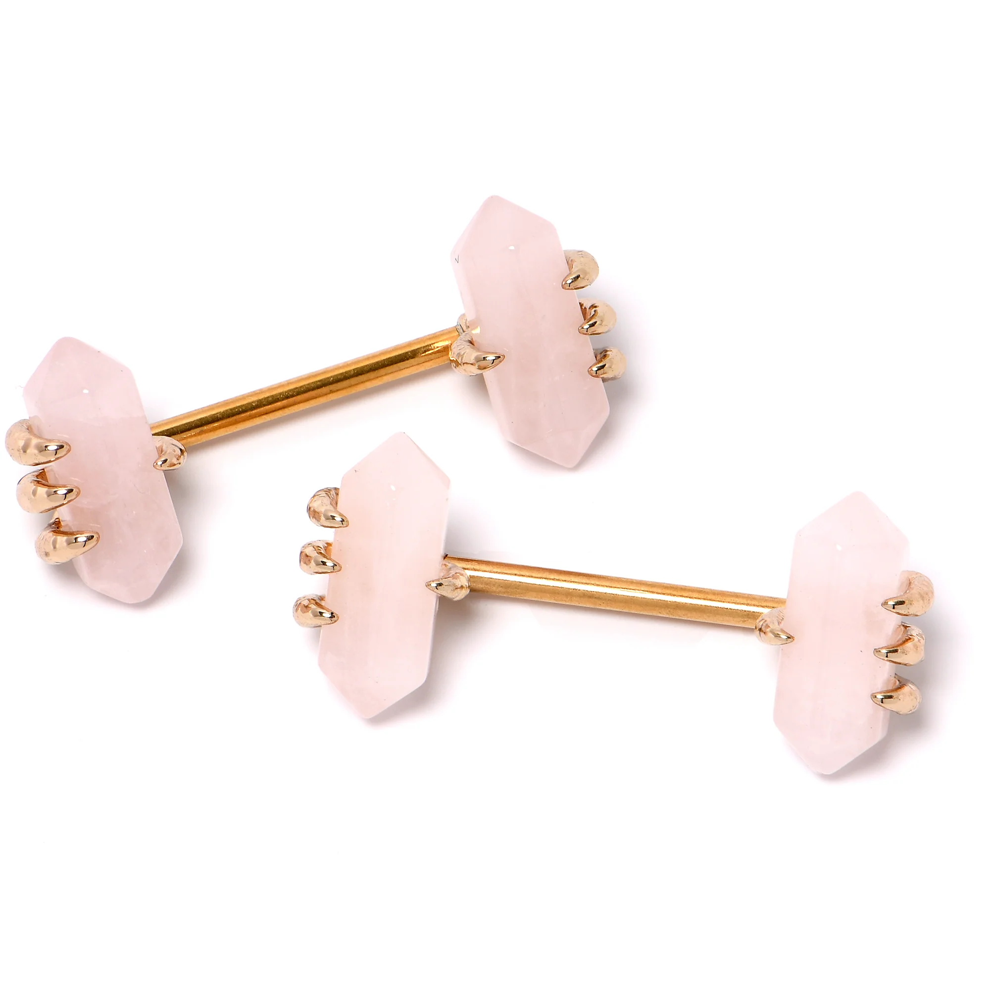 14G 9/16 Pink Rose Quartz Gold Tone Claw Barbell Nipple Ring Set - Image 9