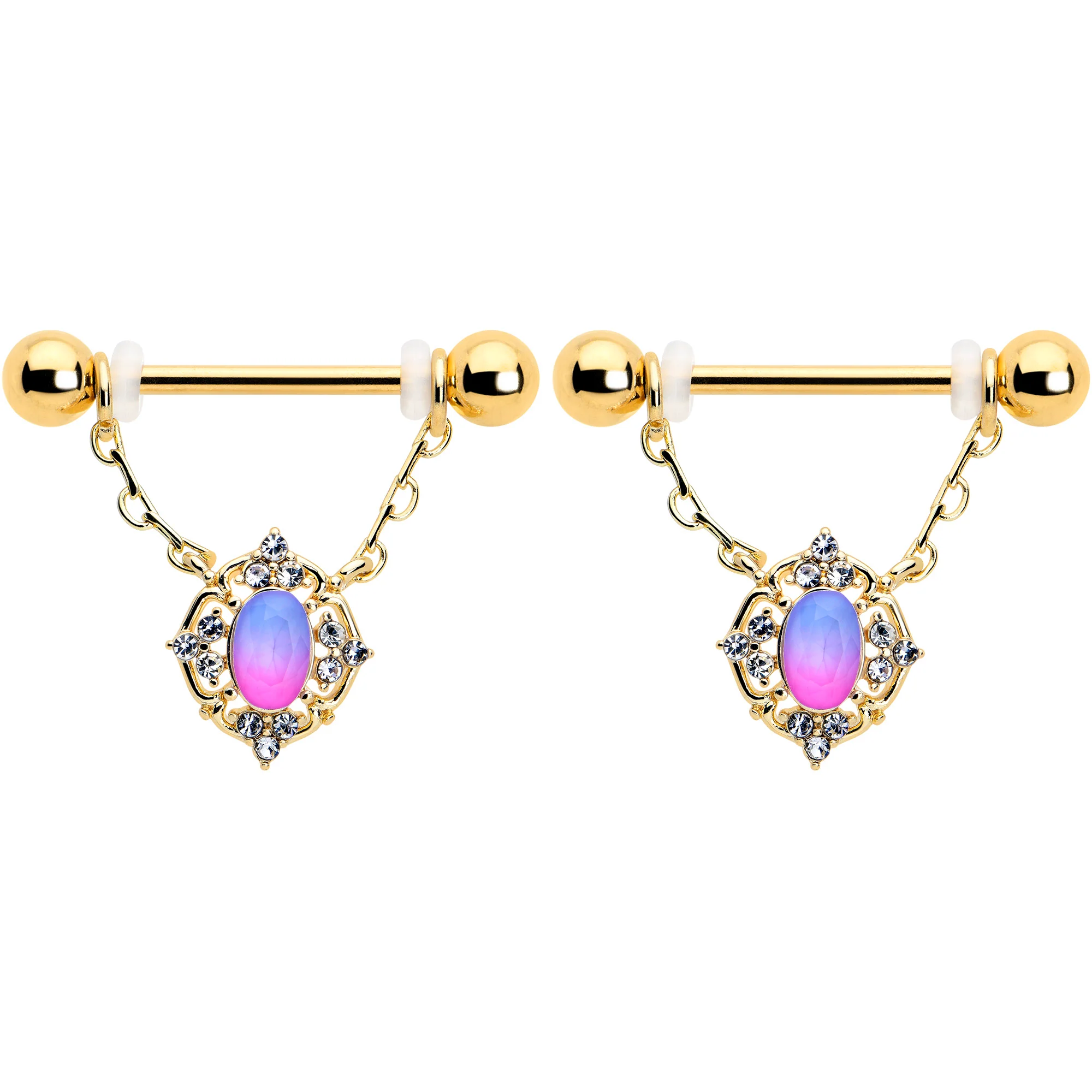 14G 9/16 Pink Tourmaline Gold Tone Wondrous Dangle Nipple Ring Set - Image 2