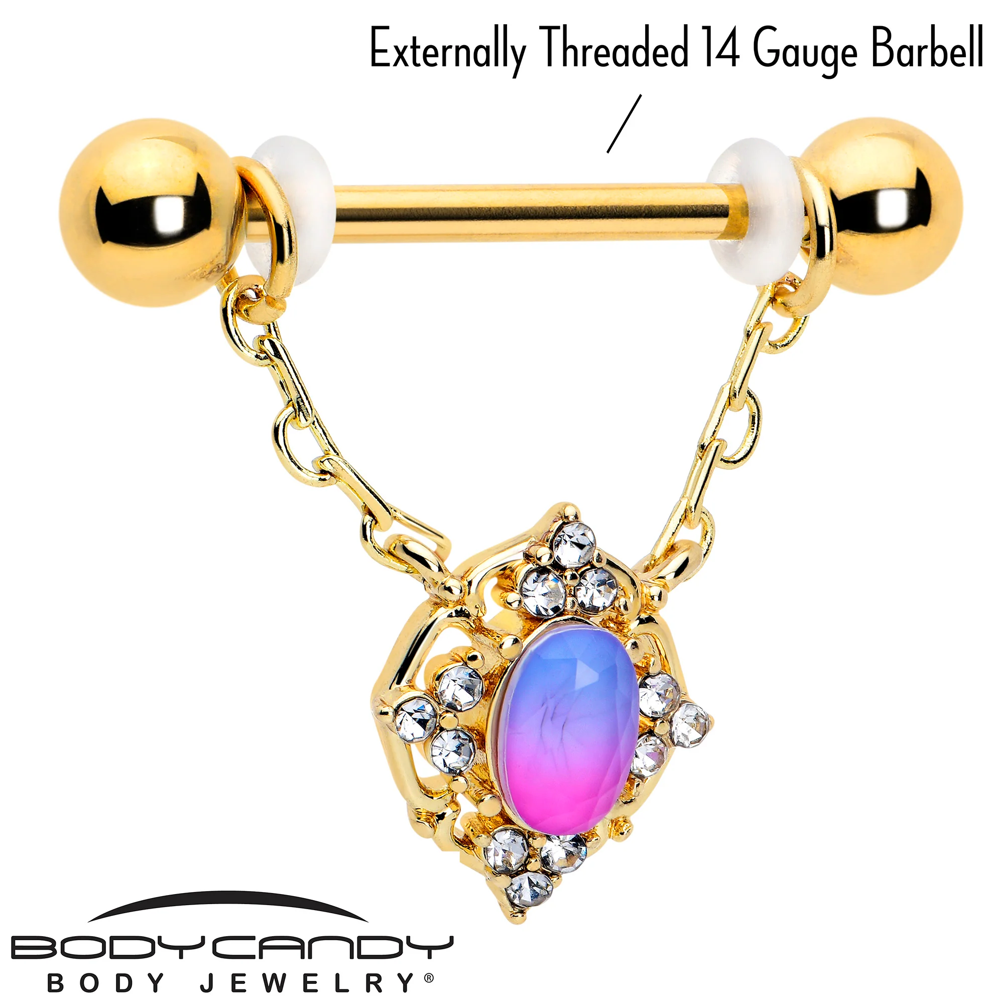 14G 9/16 Pink Tourmaline Gold Tone Wondrous Dangle Nipple Ring Set - Image 3