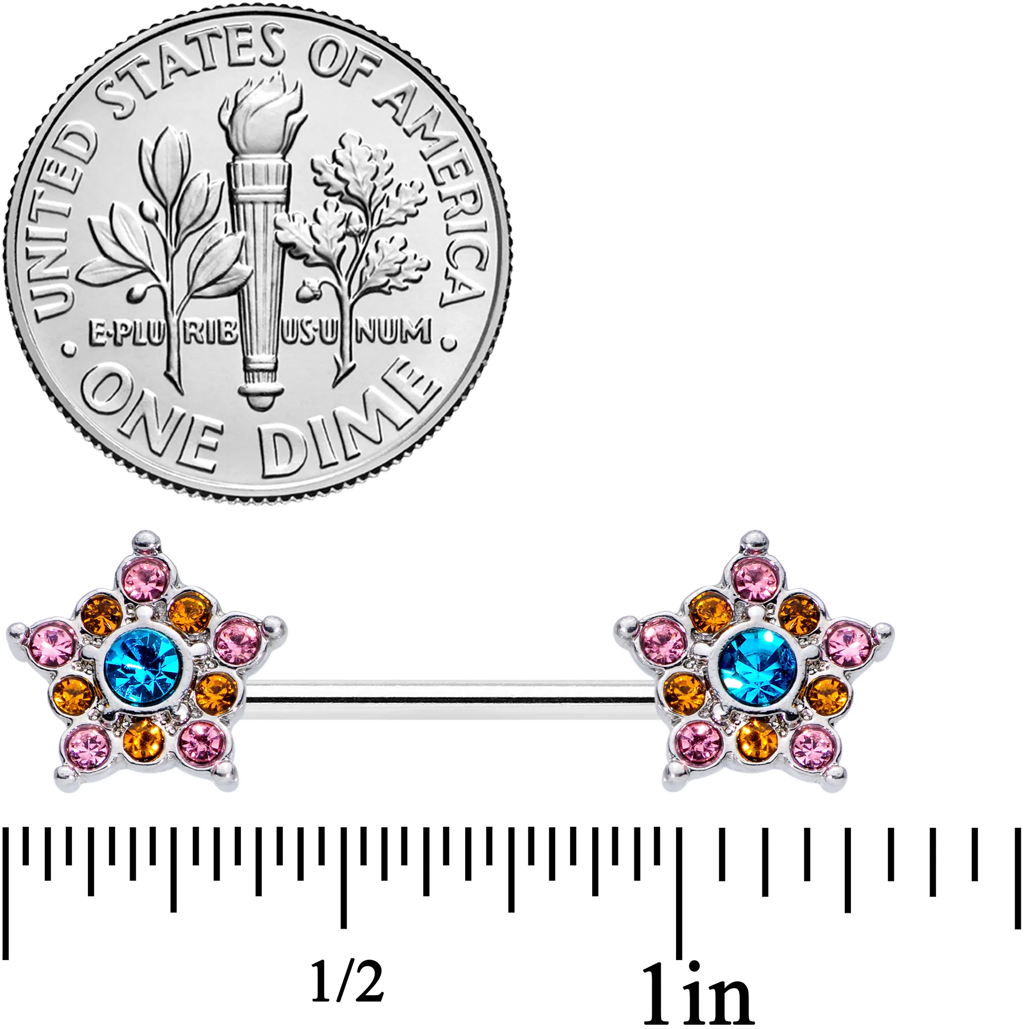 14G 9/16 Pink Yellow Blue Gem Showy Stars Barbell Nipple Ring Set - Image 2