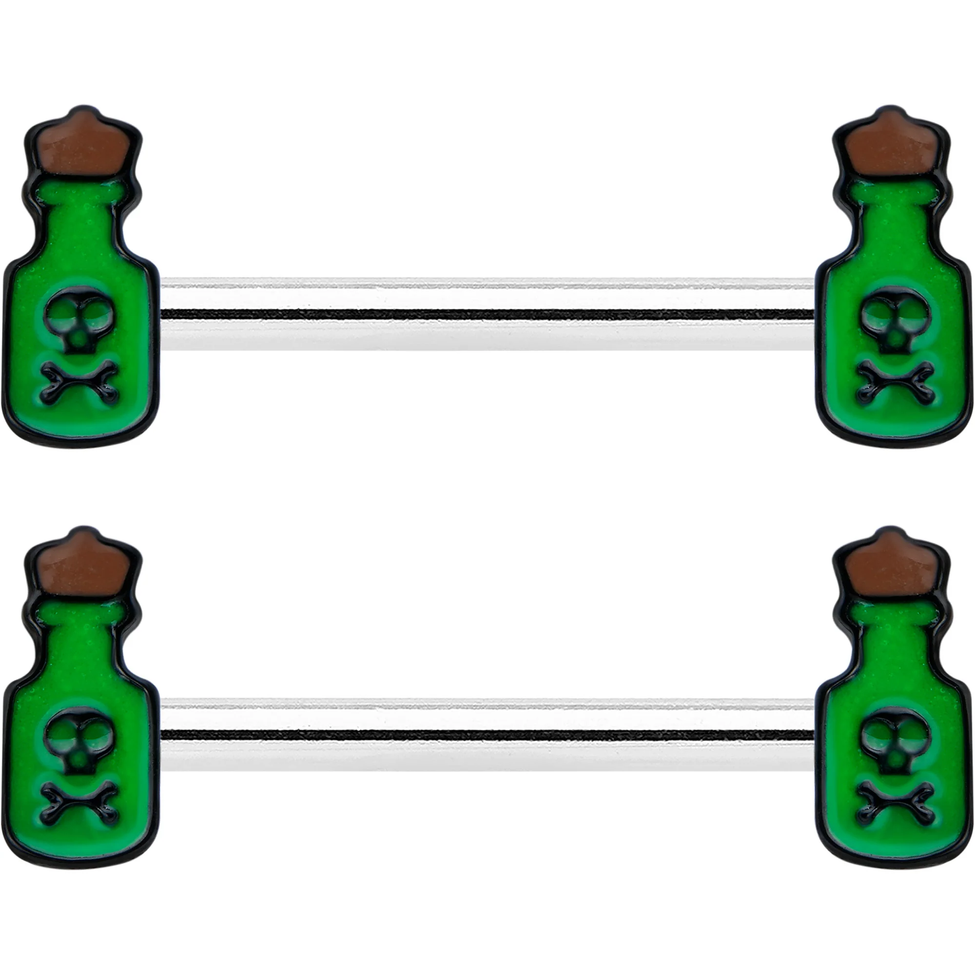 14G 9/16 Poison Green Bottle Glow in Dark Barbell Nipple Ring Set - Image 2