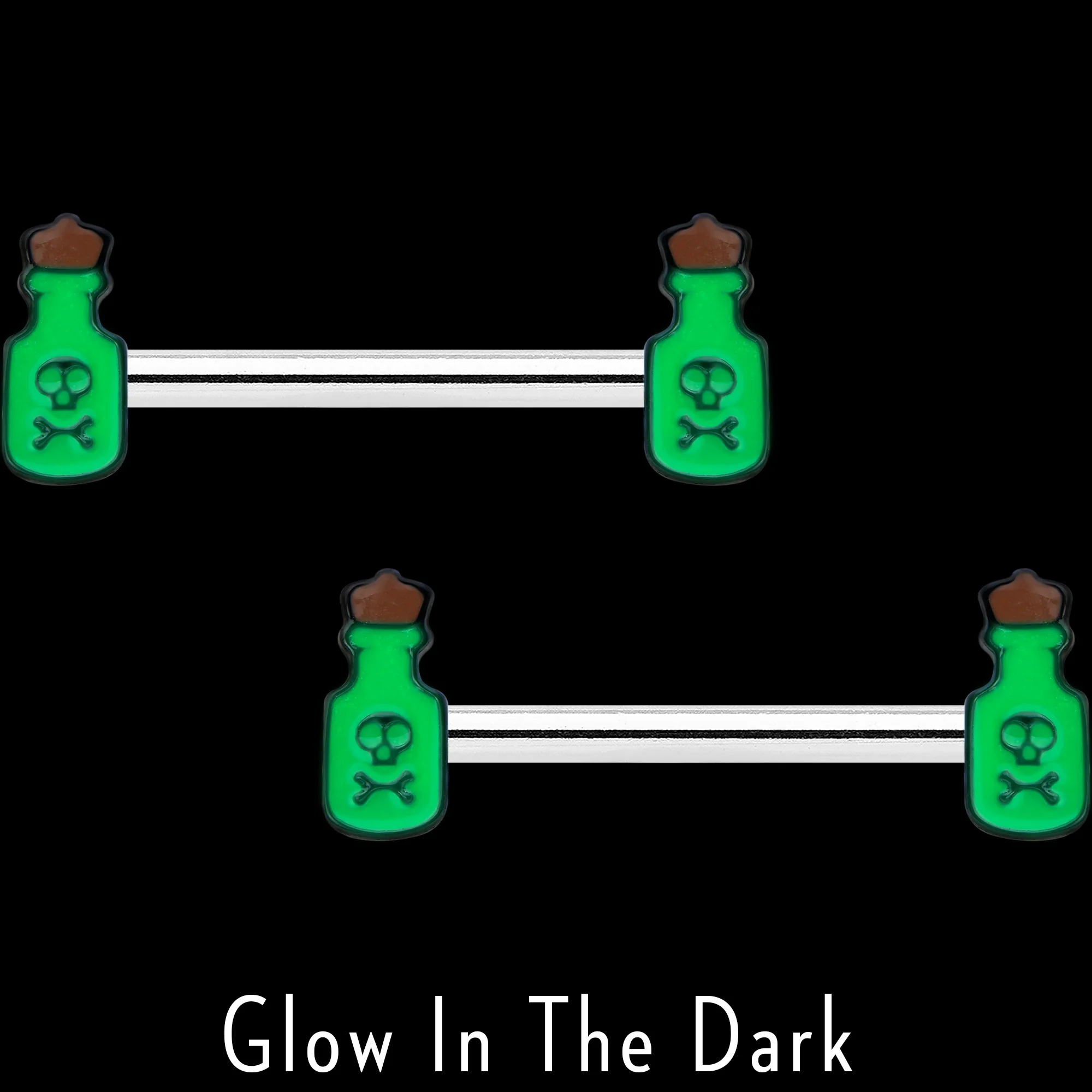 14G 9/16 Poison Green Bottle Glow in Dark Barbell Nipple Ring Set - Image 3