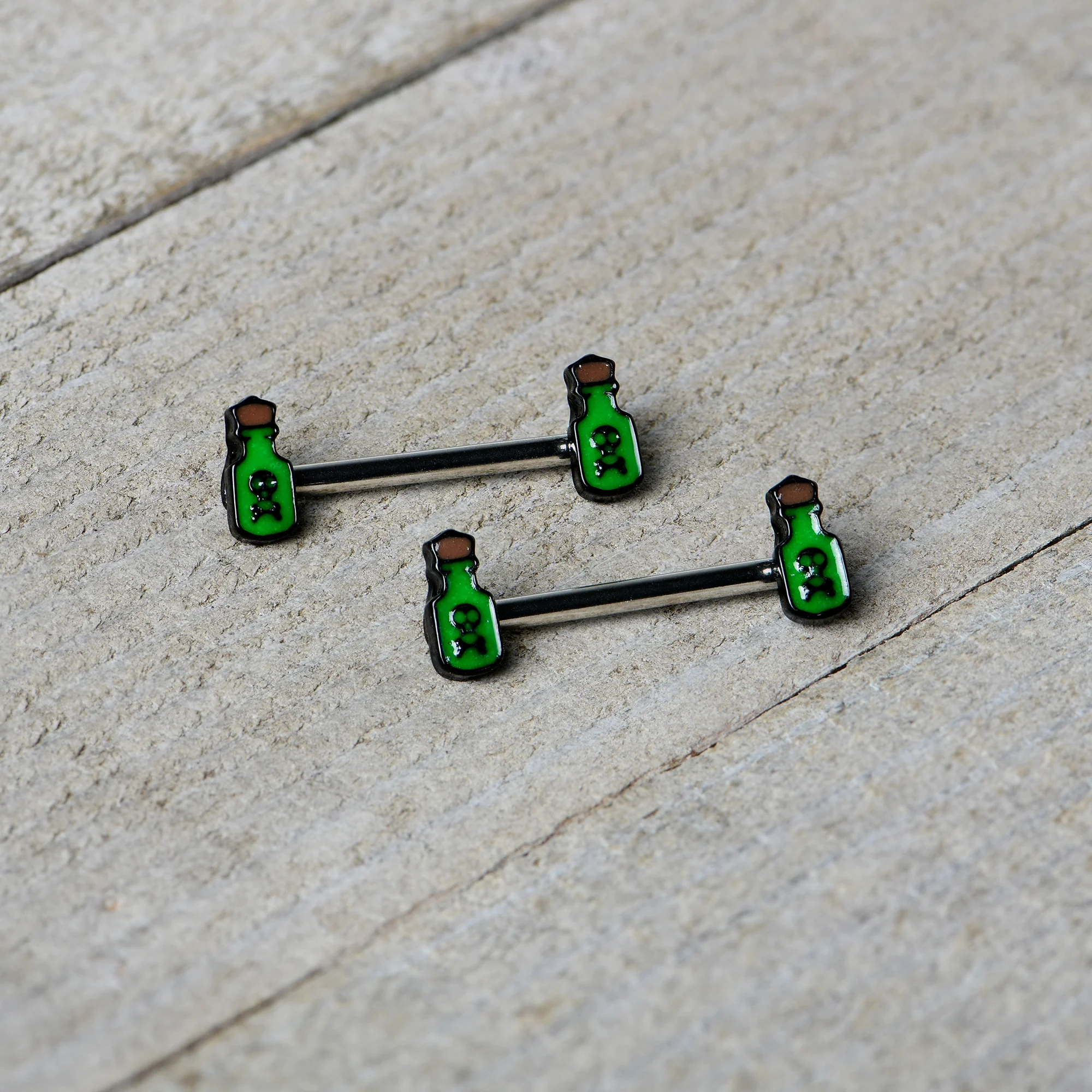 14G 9/16 Poison Green Bottle Glow in Dark Barbell Nipple Ring Set - Image 6