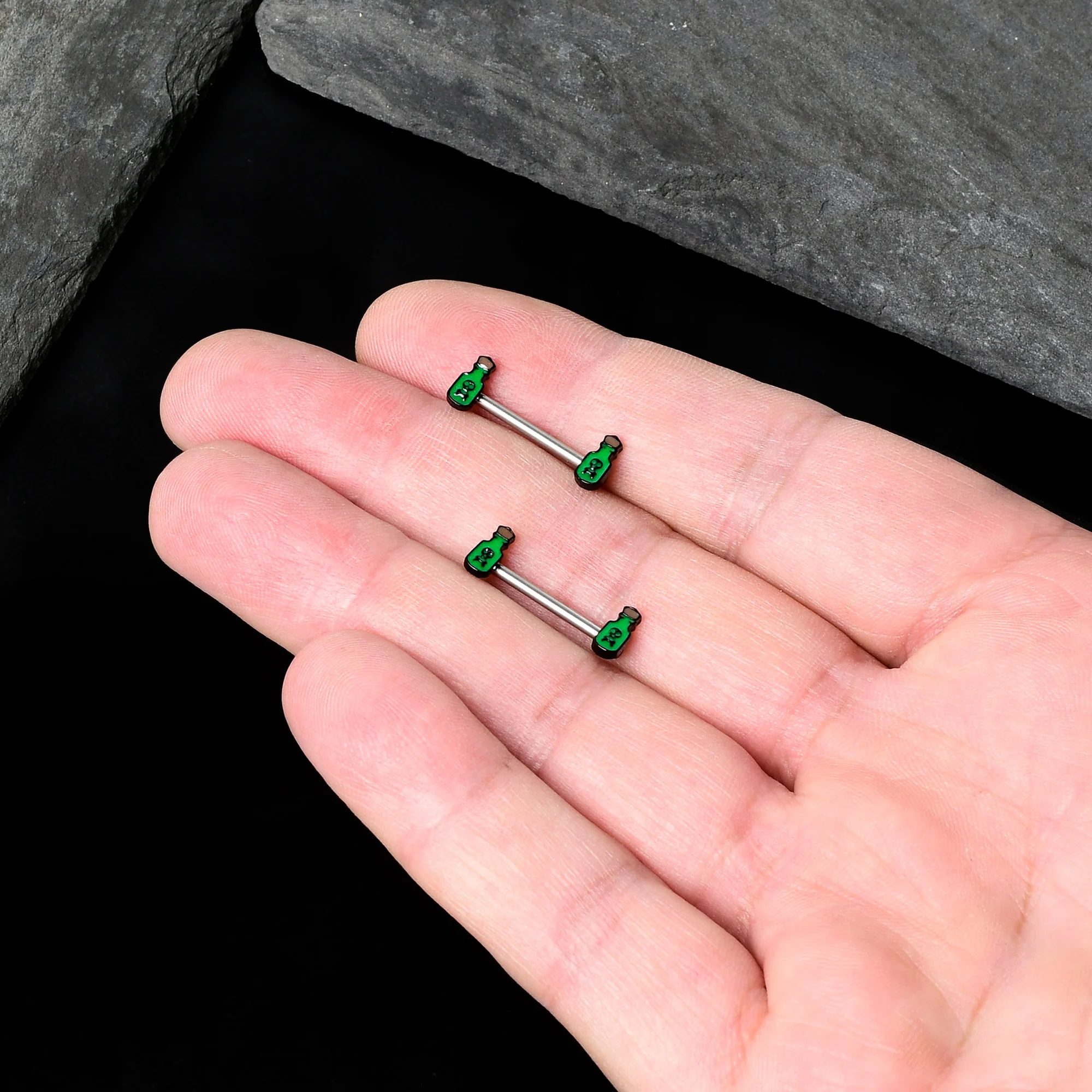 14G 9/16 Poison Green Bottle Glow in Dark Barbell Nipple Ring Set - Image 7