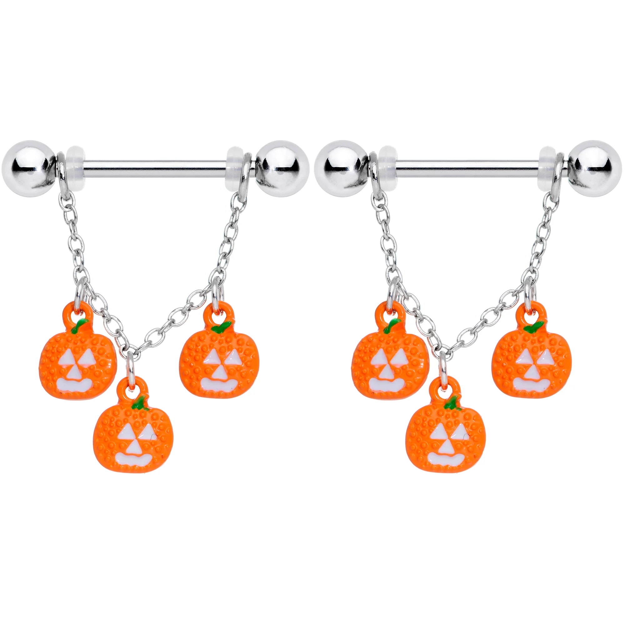 14G 9/16 Pumpkin Halloween Chain Dangle Nipple Ring Set - Image 2