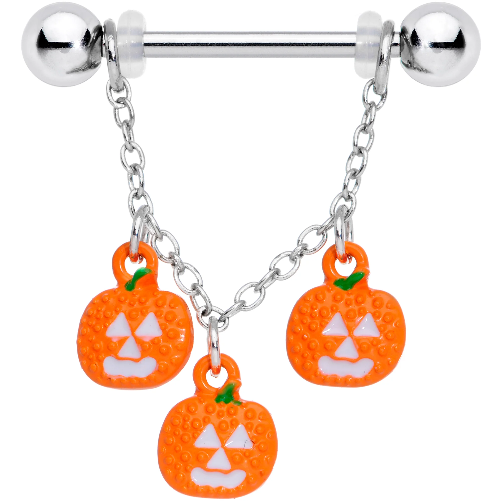 14G 9/16 Pumpkin Halloween Chain Dangle Nipple Ring Set - Image 3
