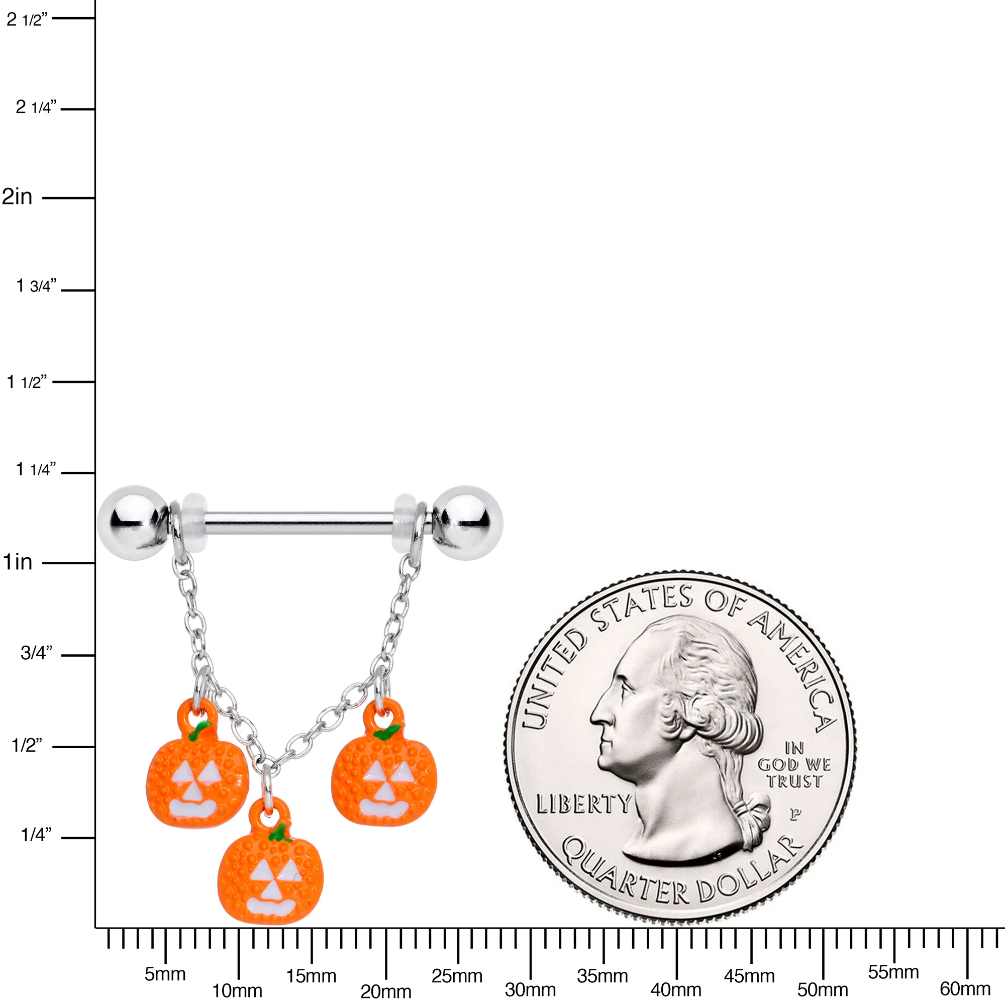 14G 9/16 Pumpkin Halloween Chain Dangle Nipple Ring Set - Image 4