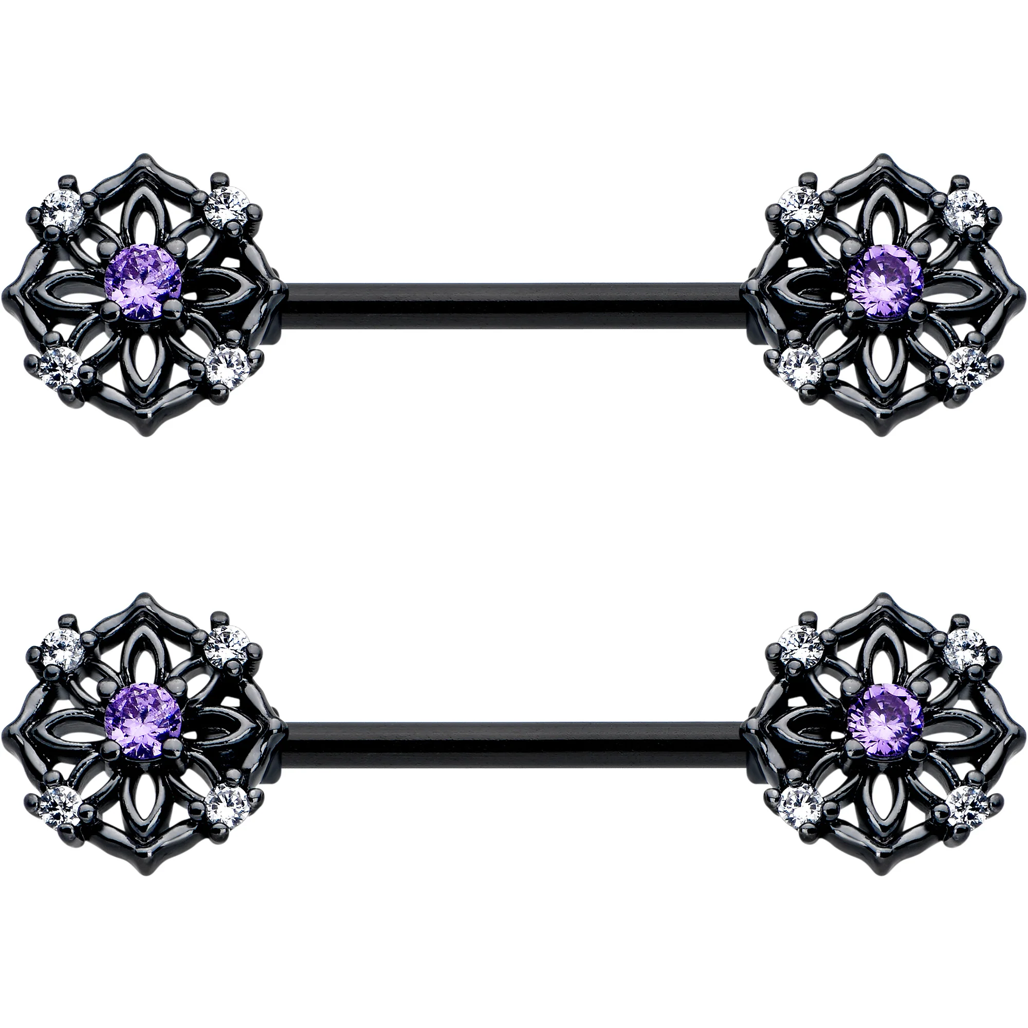 14G 9/16 Purple CZ Gem Black Flower Ring Barbell Nipple Ring Set - Image 3