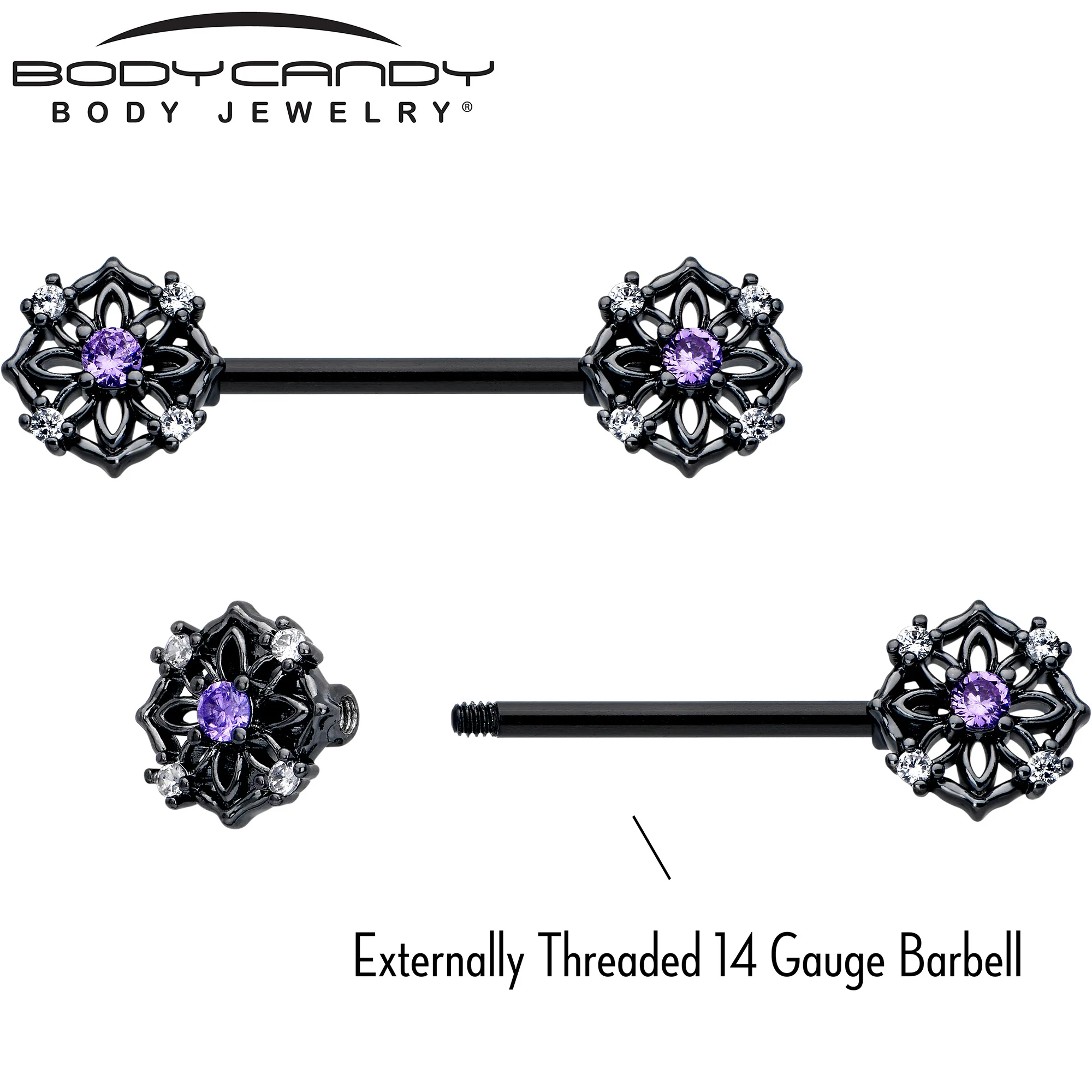 14G 9/16 Purple CZ Gem Black Flower Ring Barbell Nipple Ring Set - Image 4