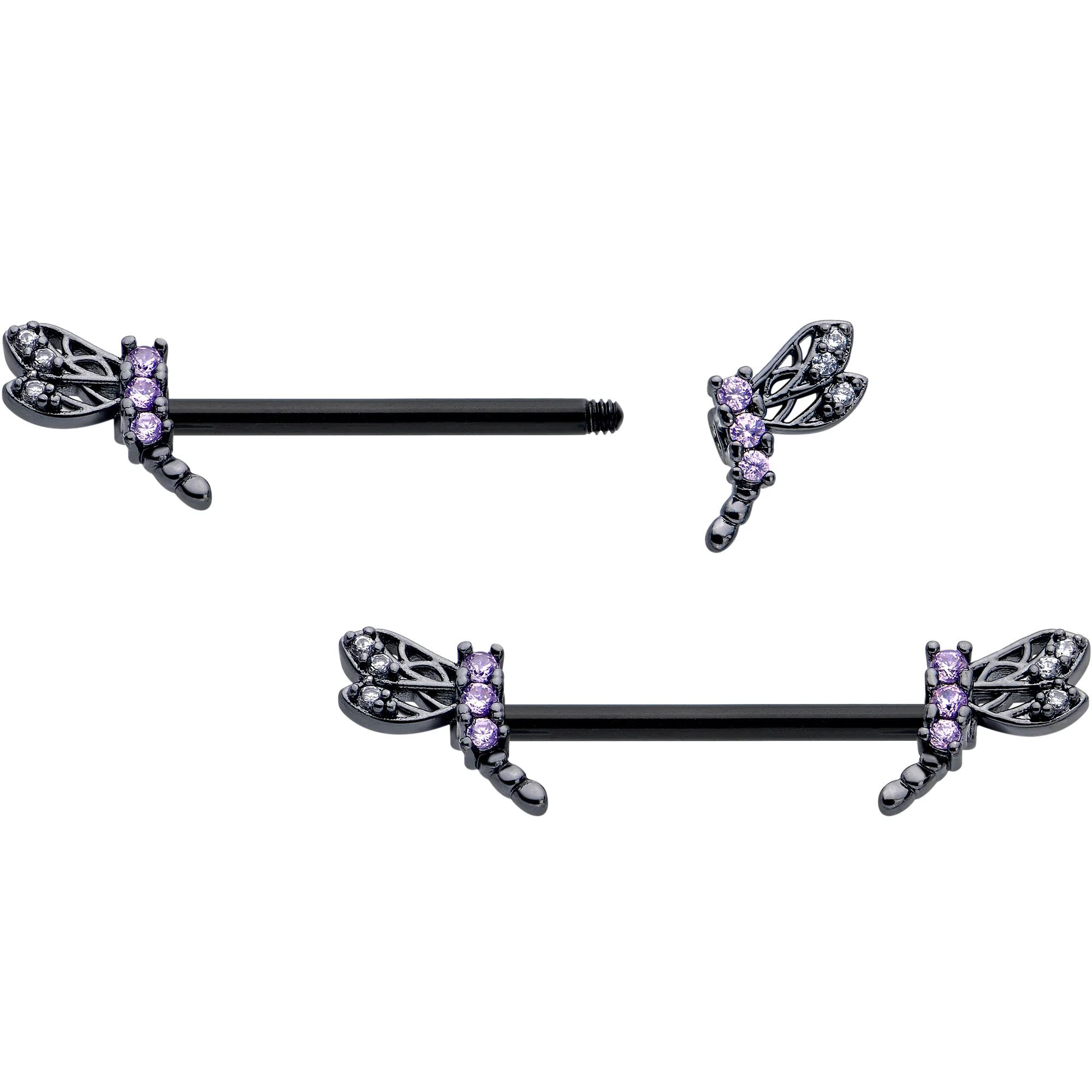 14G 9/16 Purple CZ Gem Black Night Dragonfly Barbell Nipple Ring Set - Image 2