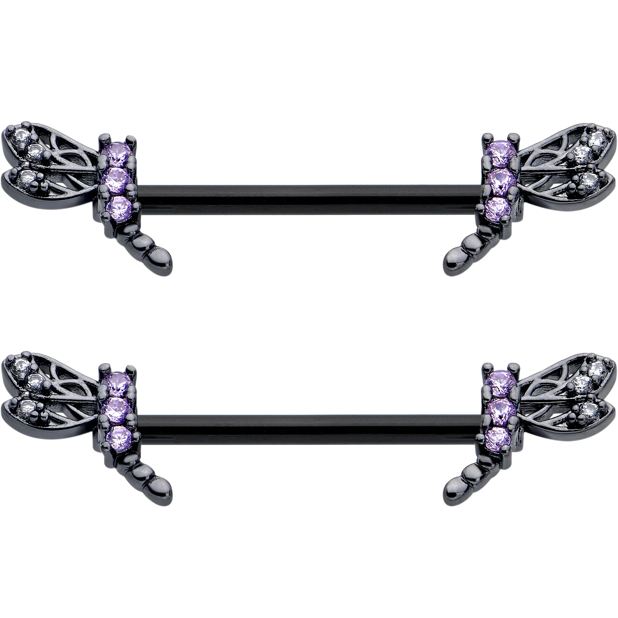 14G 9/16 Purple CZ Gem Black Night Dragonfly Barbell Nipple Ring Set - Image 3
