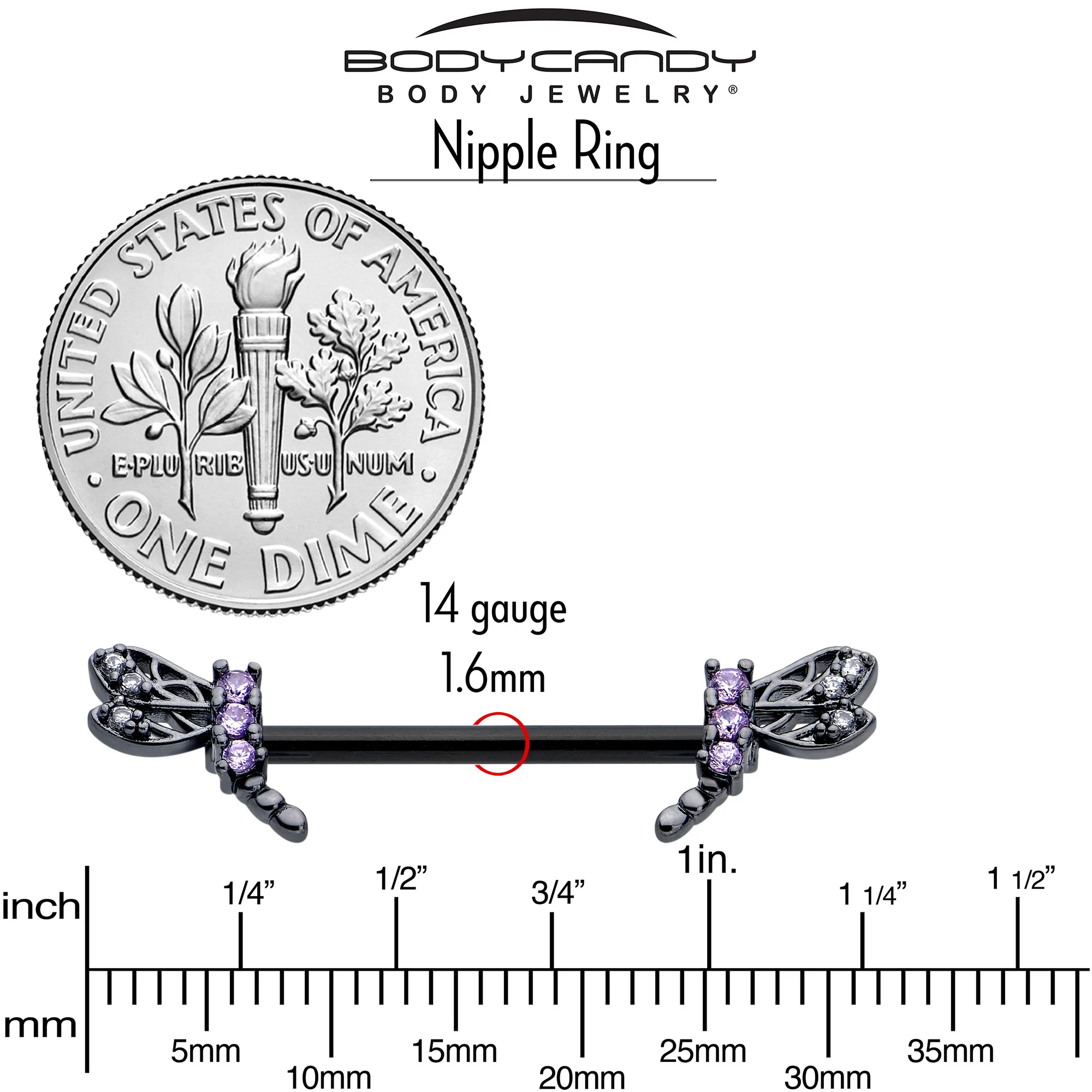 14G 9/16 Purple CZ Gem Black Night Dragonfly Barbell Nipple Ring Set - Image 5