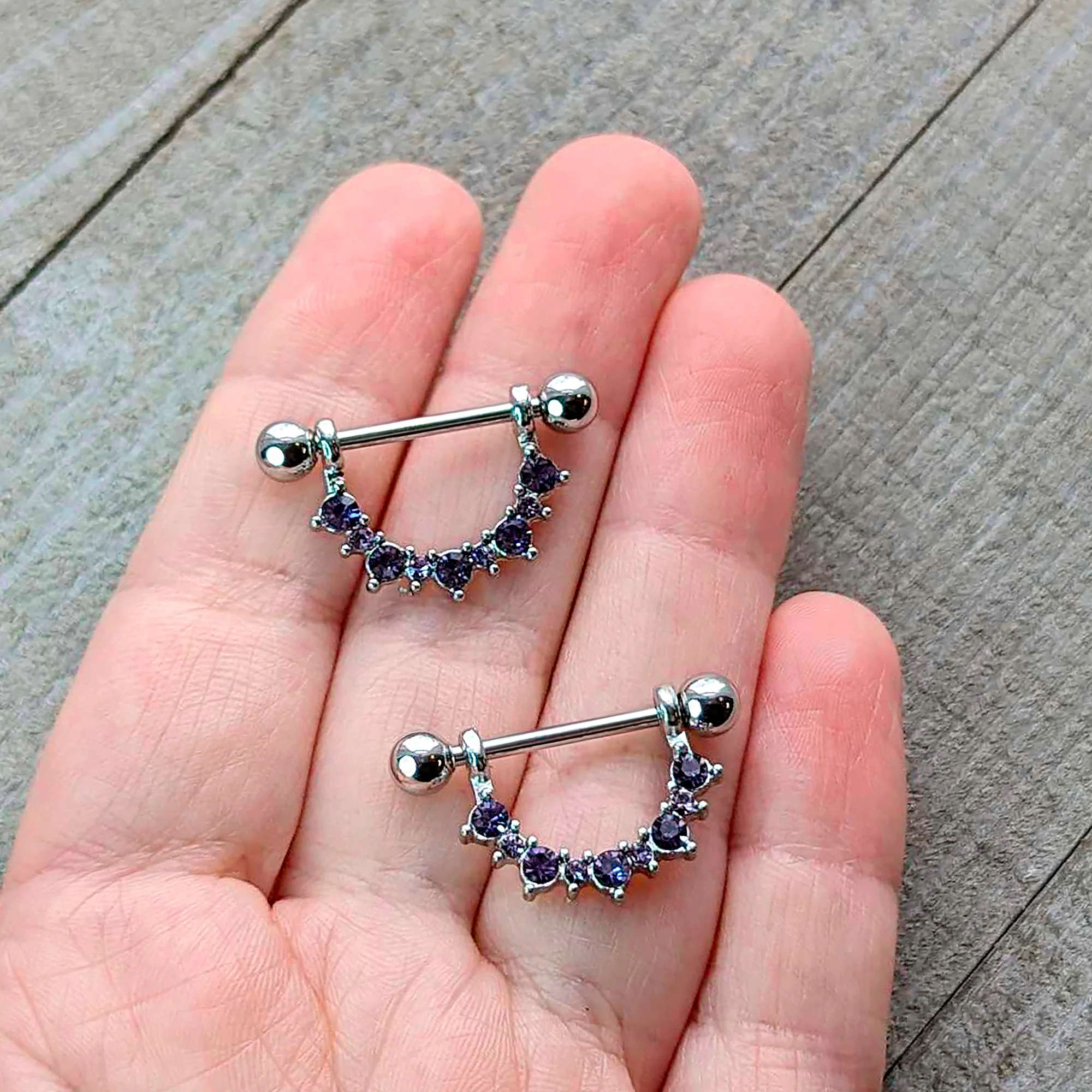 14G 9/16 Purple CZ Gem February Birthstone Dangle Nipple Shield Set - Image 2