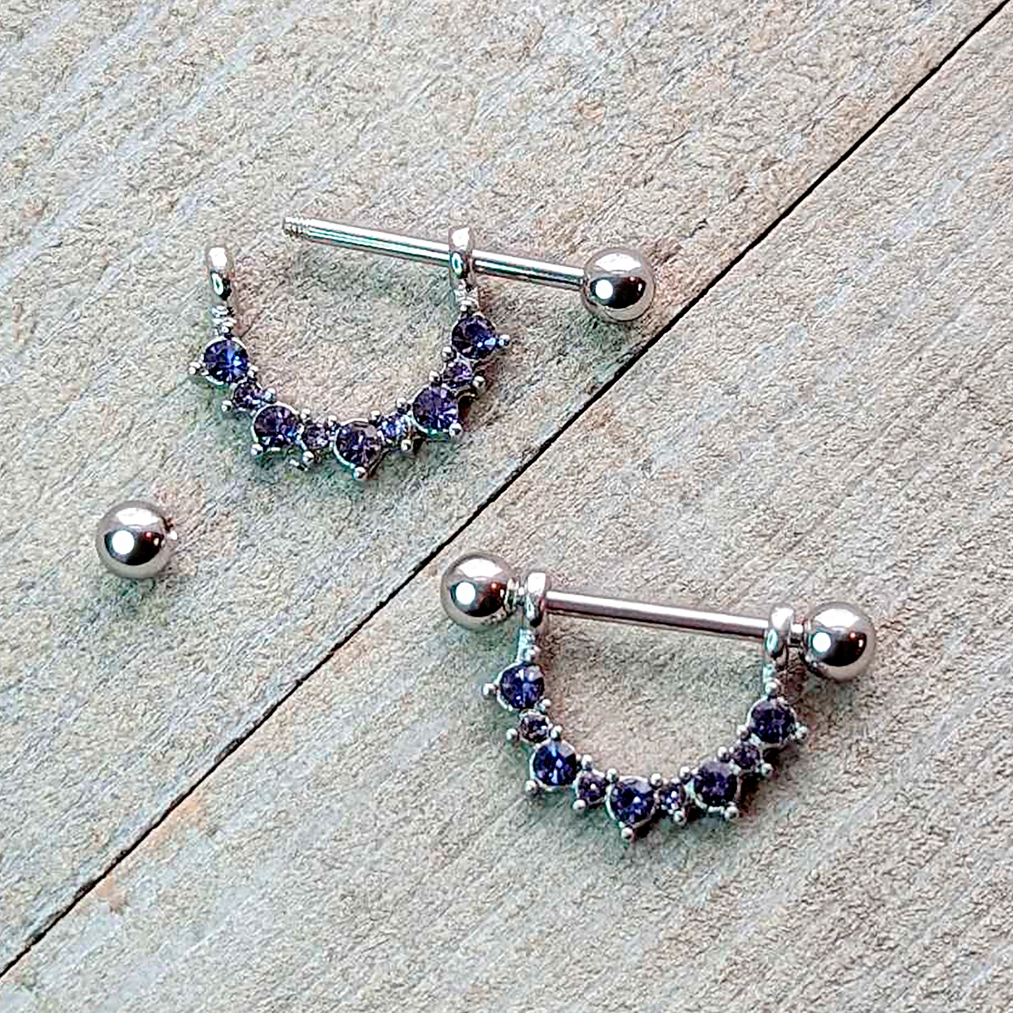 14G 9/16 Purple CZ Gem February Birthstone Dangle Nipple Shield Set - Image 3