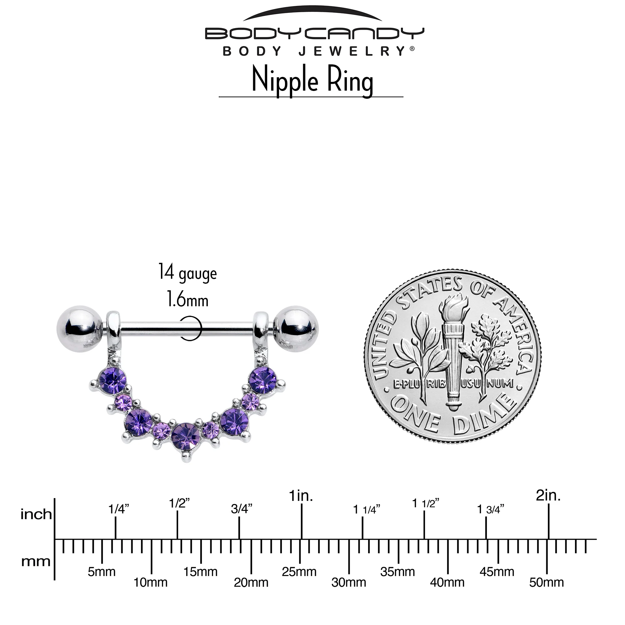 14G 9/16 Purple CZ Gem February Birthstone Dangle Nipple Shield Set - Image 4