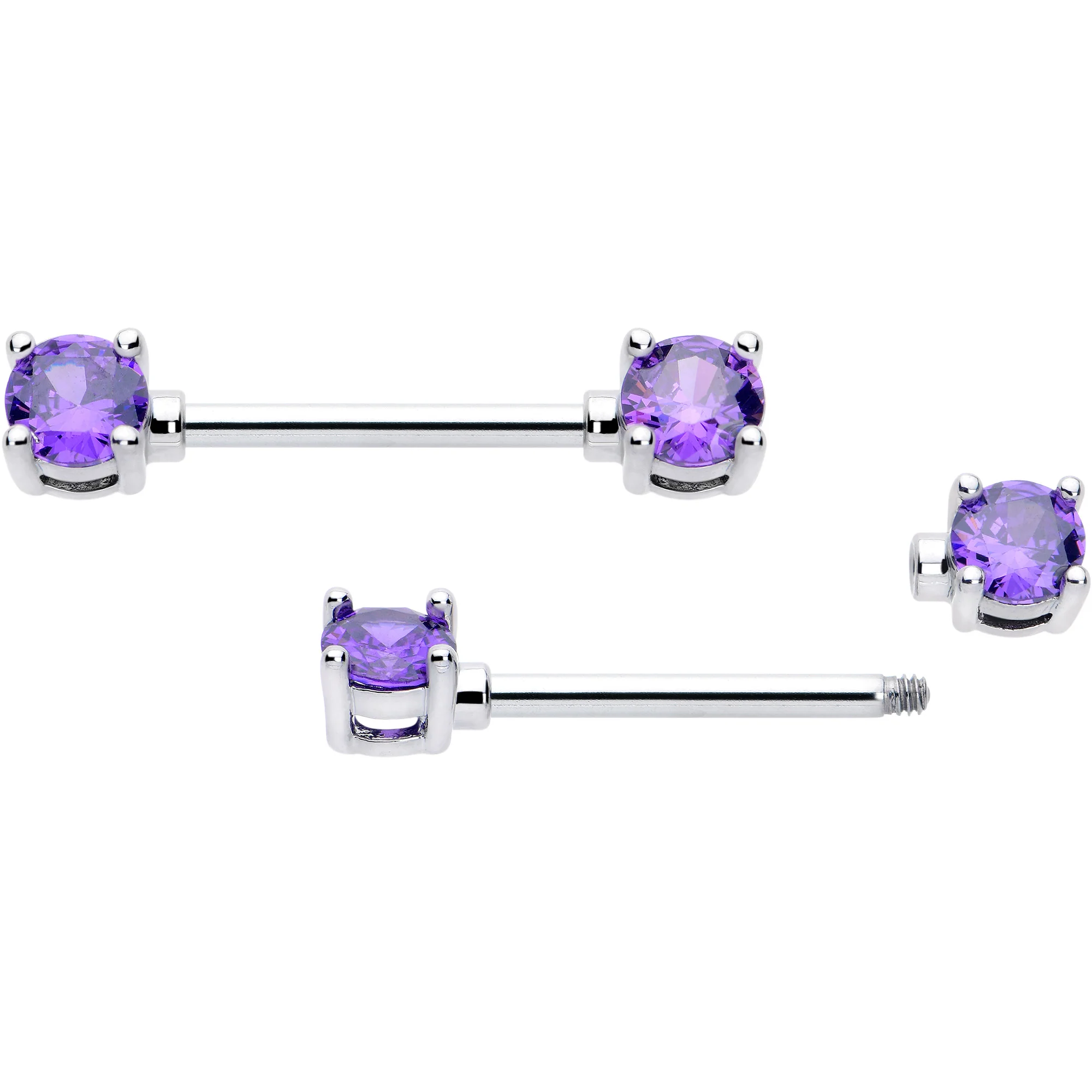 14G 9/16 Purple CZ Gem February Birthstone Nipple Ring Set - Image 3