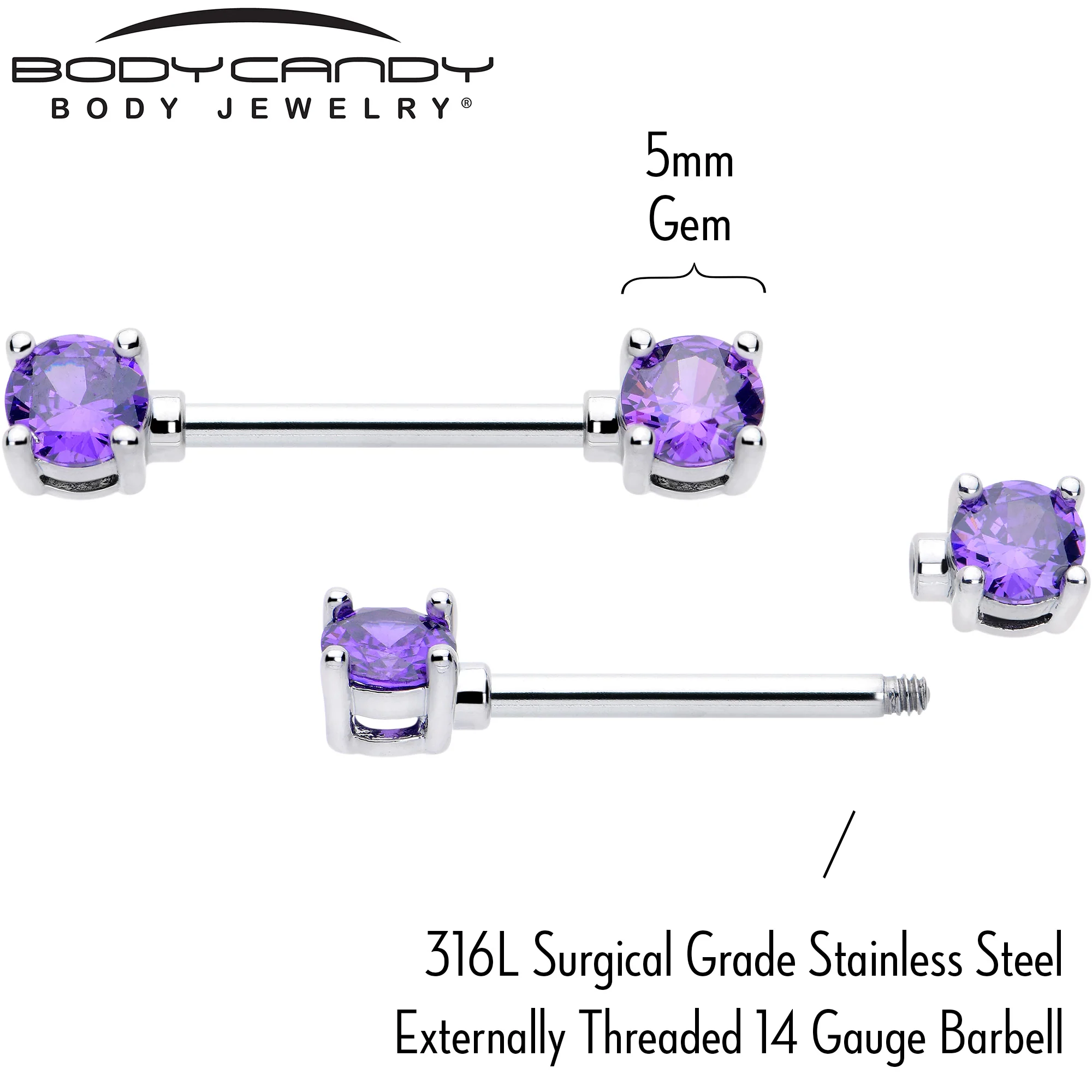 14G 9/16 Purple CZ Gem February Birthstone Nipple Ring Set - Image 4