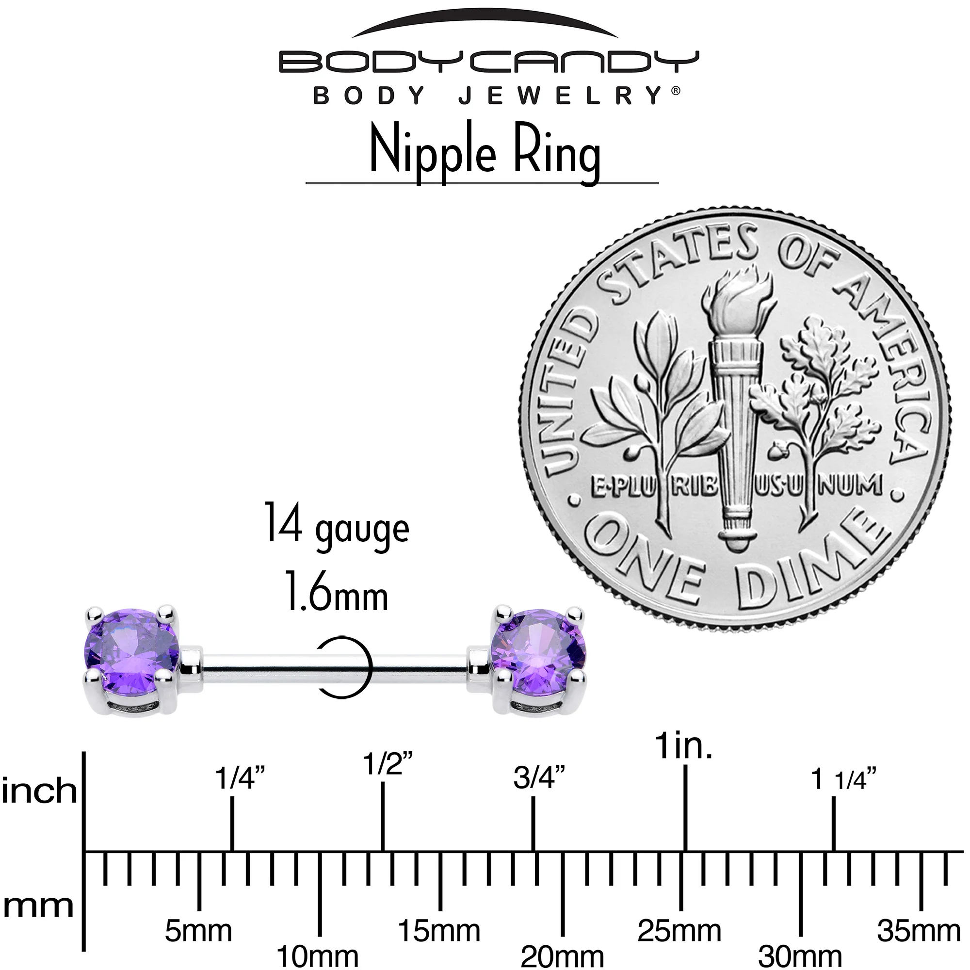 14G 9/16 Purple CZ Gem February Birthstone Nipple Ring Set - Image 5