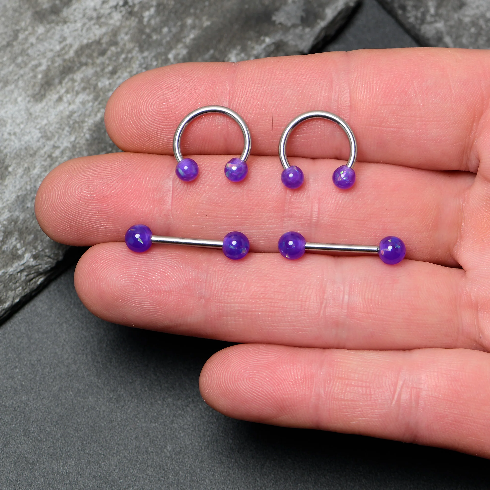 14G 9/16 Purple Faux Opal Horseshoe Barbell Nipple Ring Set of 4 - Image 4