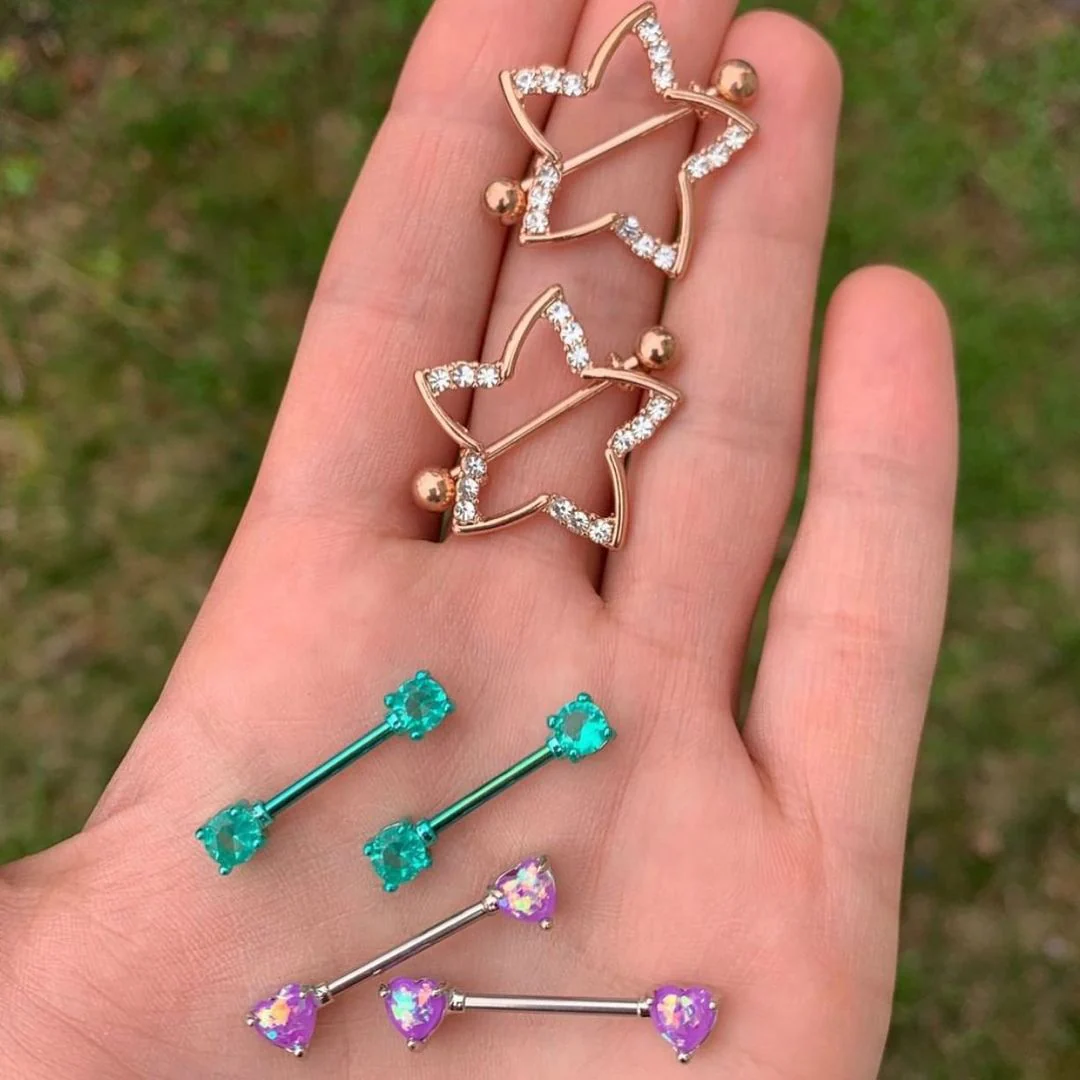 14G 9/16 Purple Faux Opal Purple Barbell Nipple Ring Set - Image 2