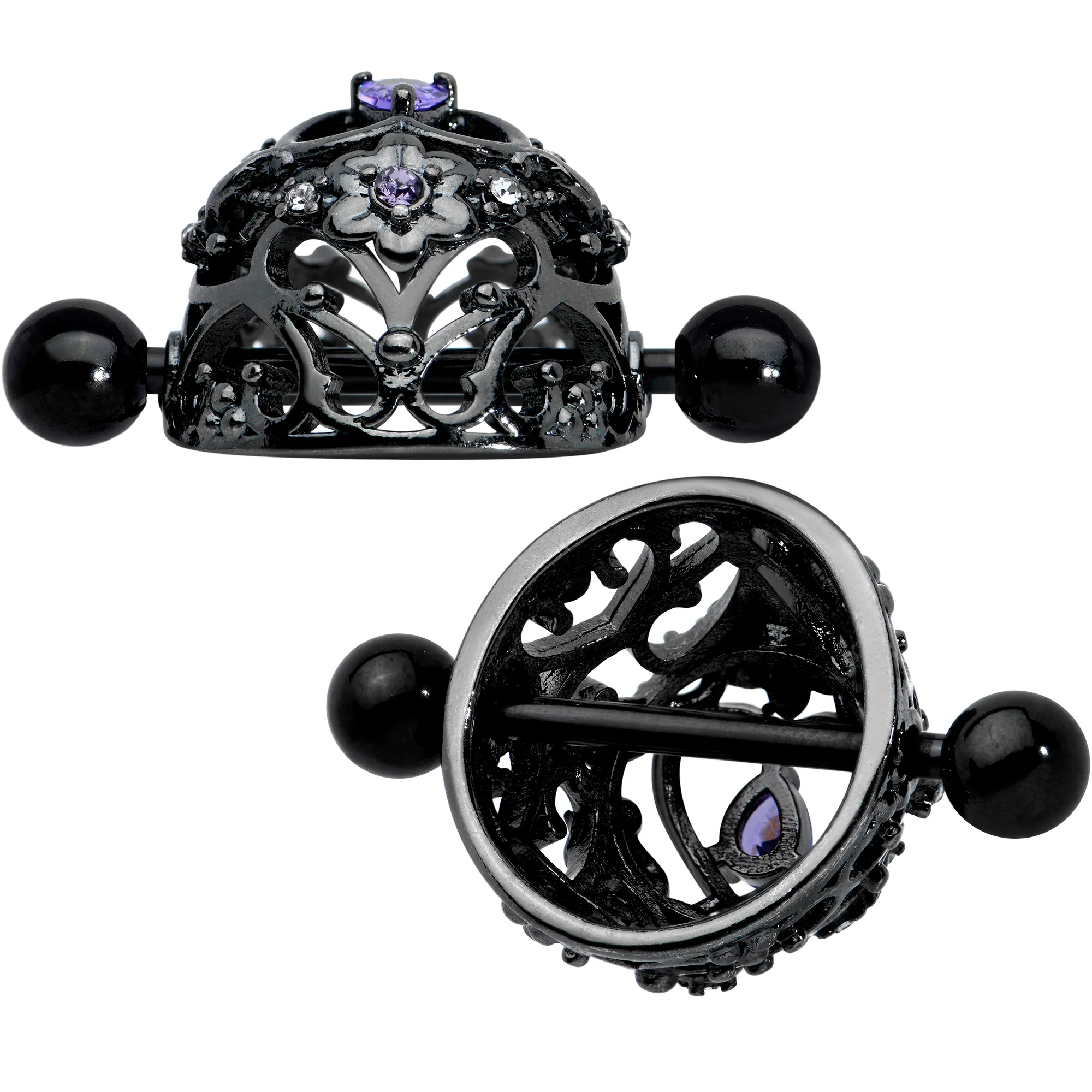 14G 9/16 Purple Gem Black Regal Crown Heart Nipple Shield Set - Image 2