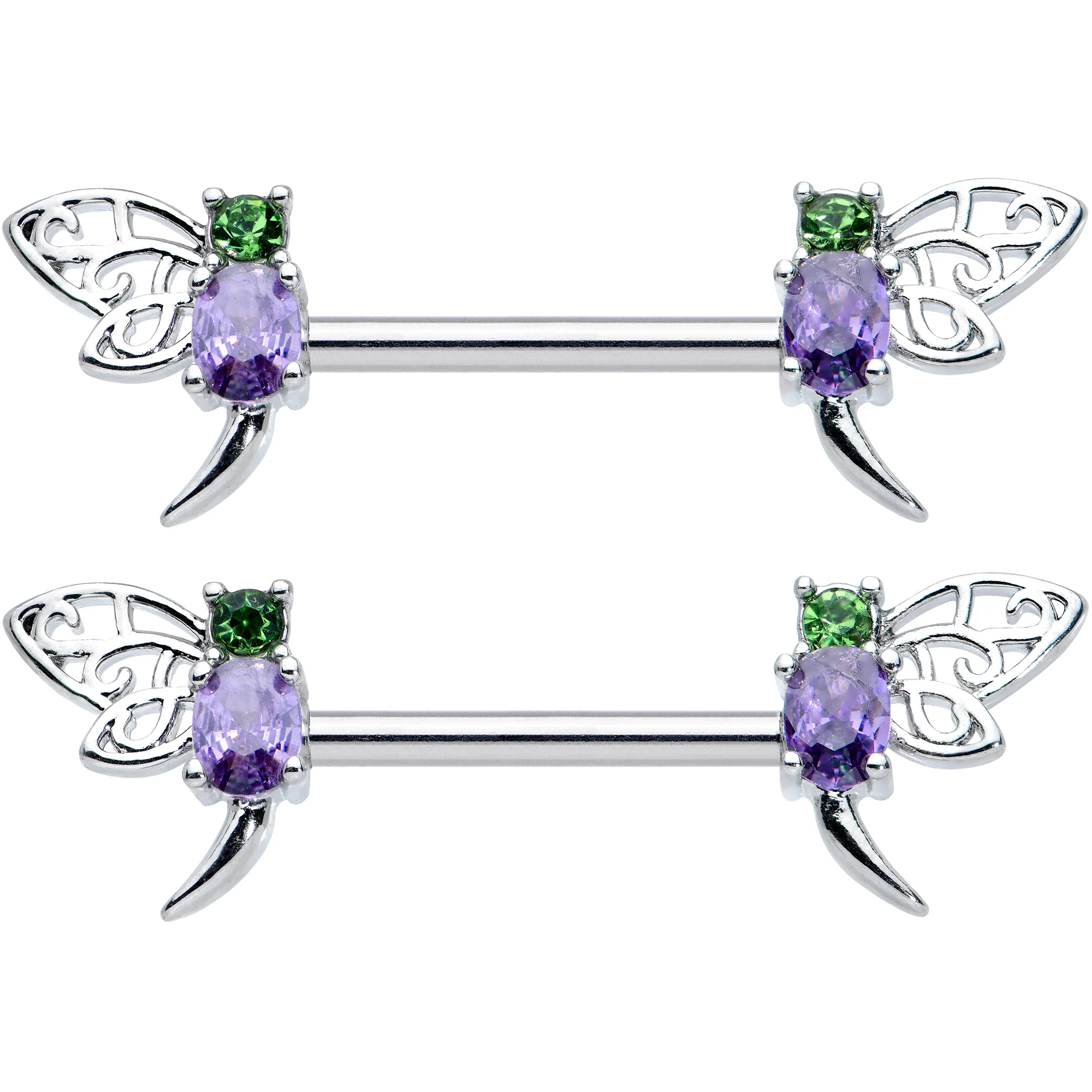 14G 9/16 Purple Green Gem Dragonfly Barbell Nipple Ring Set - Image 2