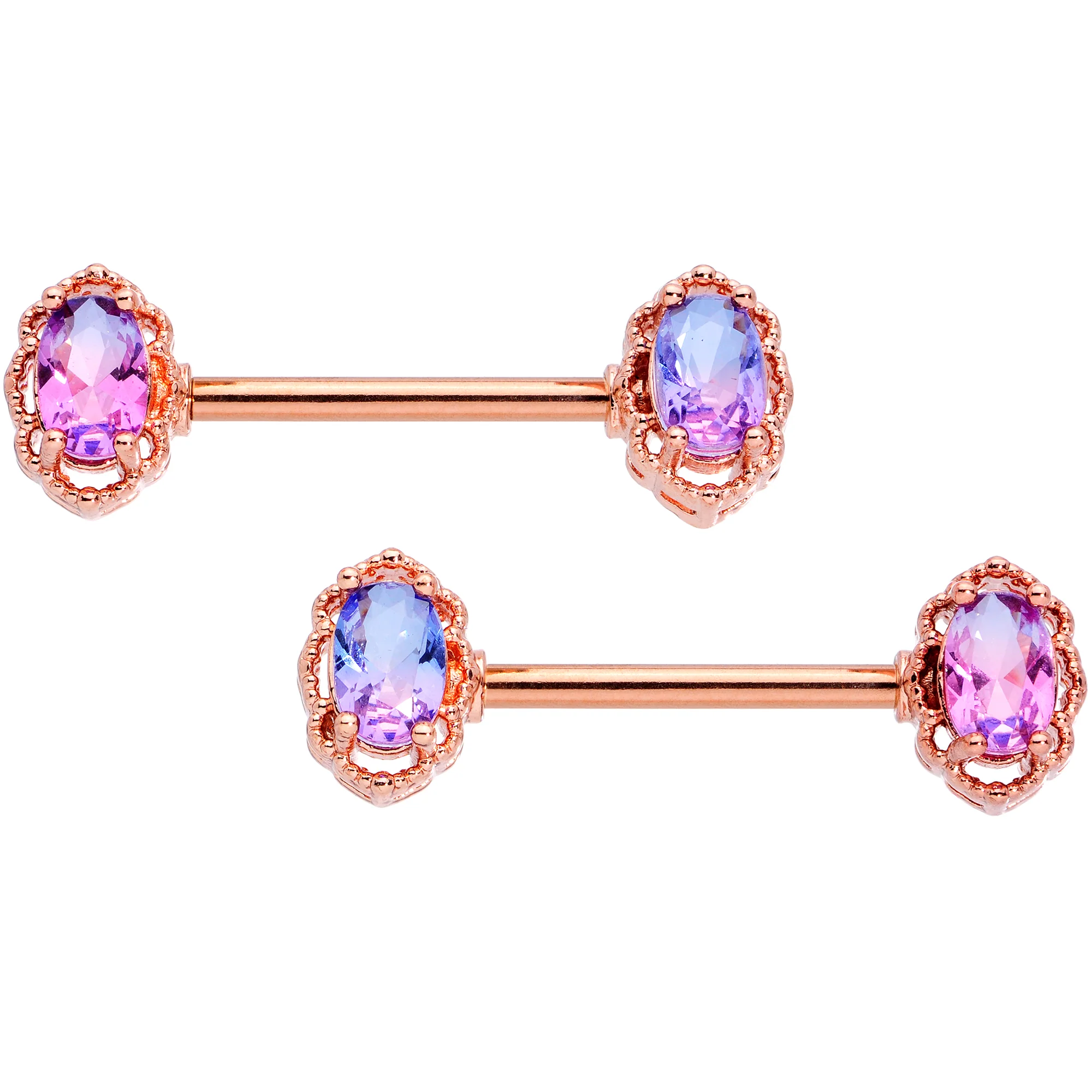 14G 9/16 Purple Tourmaline Rose Gold Tone Nipple Ring Set - Image 2