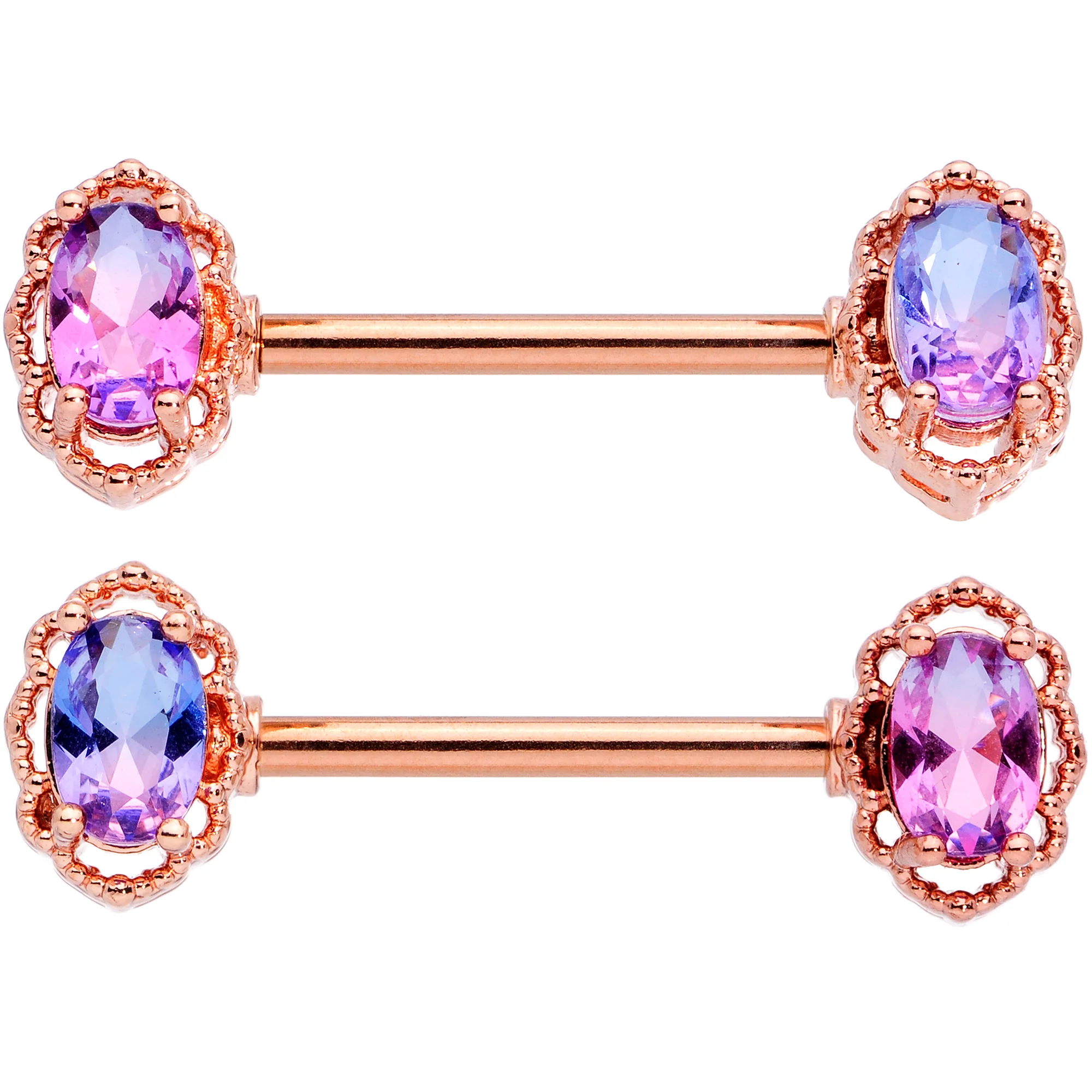 14G 9/16 Purple Tourmaline Rose Gold Tone Nipple Ring Set - Image 3