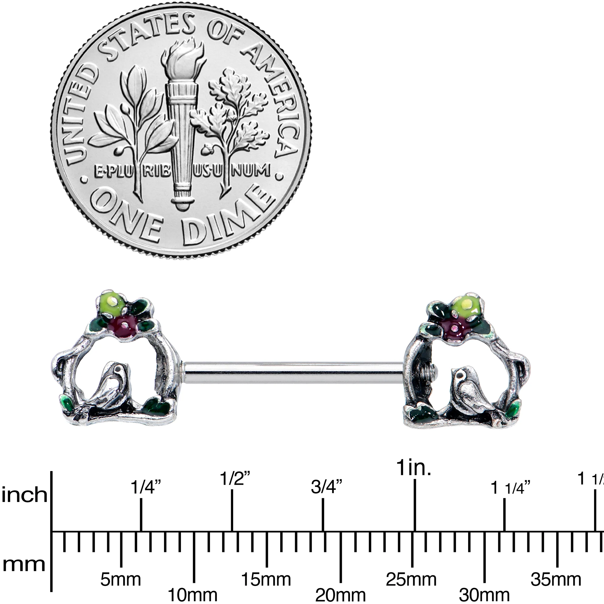 14G 9/16 Purple Yellow Flower Swing Bird Barbell Nipple Ring Set - Image 3