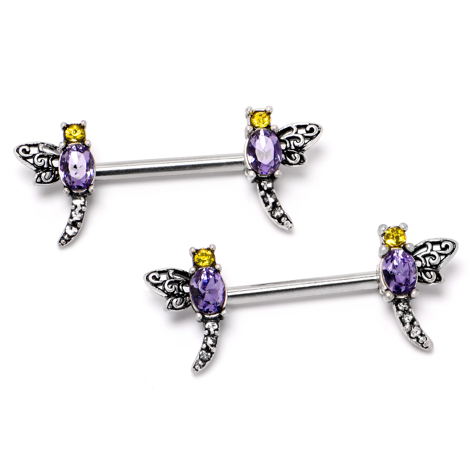 14G 9/16 Purple Yellow Gem Dragonfly Barbell Nipple Ring Set - Image 3