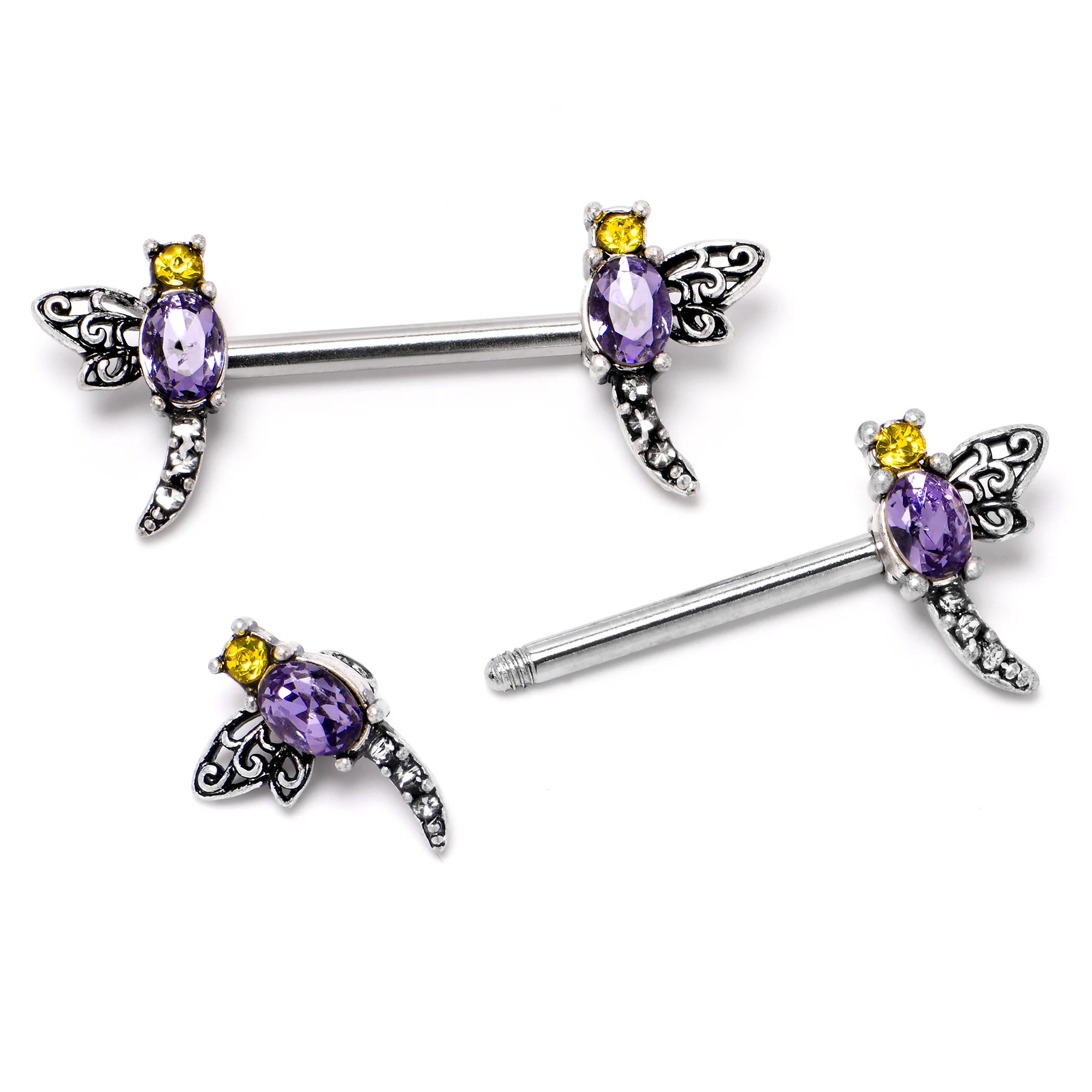 14G 9/16 Purple Yellow Gem Dragonfly Barbell Nipple Ring Set - Image 4