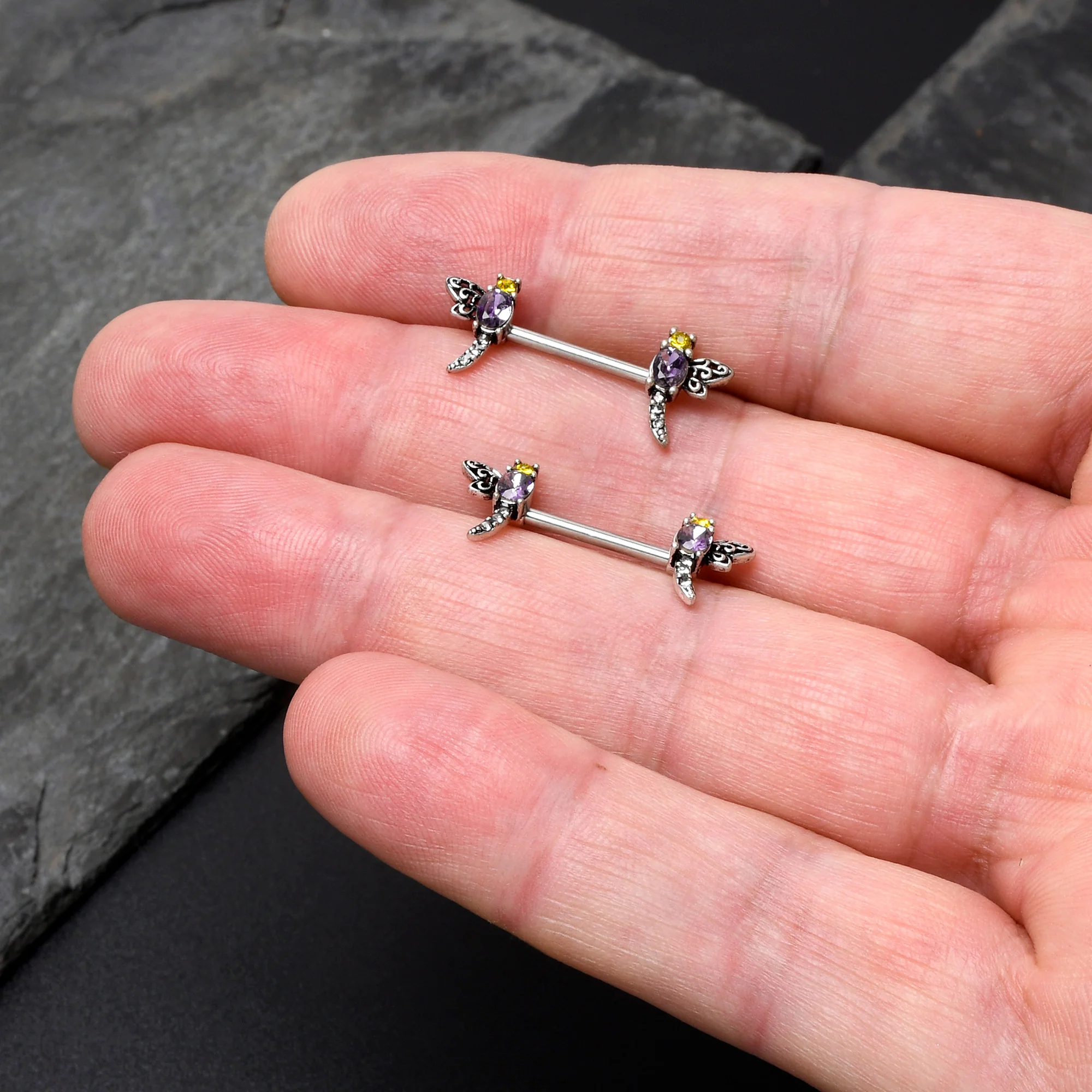 14G 9/16 Purple Yellow Gem Dragonfly Barbell Nipple Ring Set - Image 5