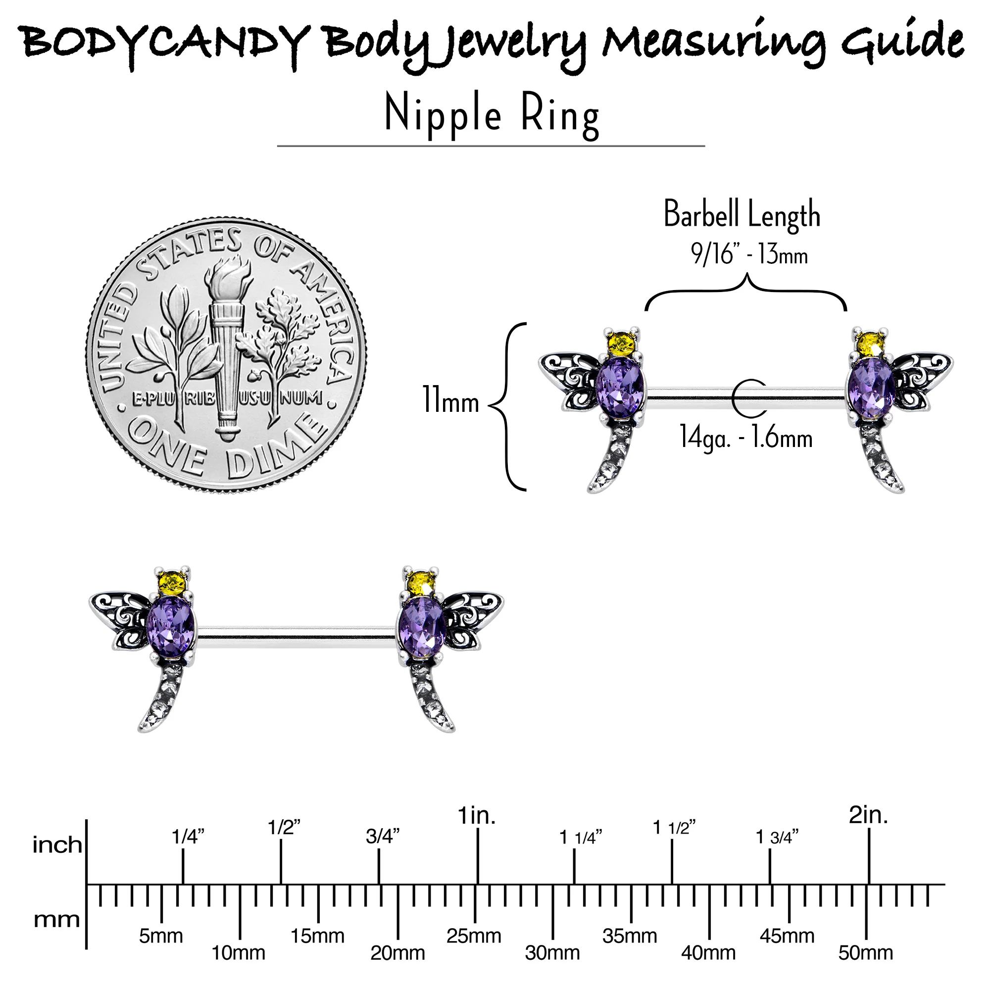 14G 9/16 Purple Yellow Gem Dragonfly Barbell Nipple Ring Set - Image 6