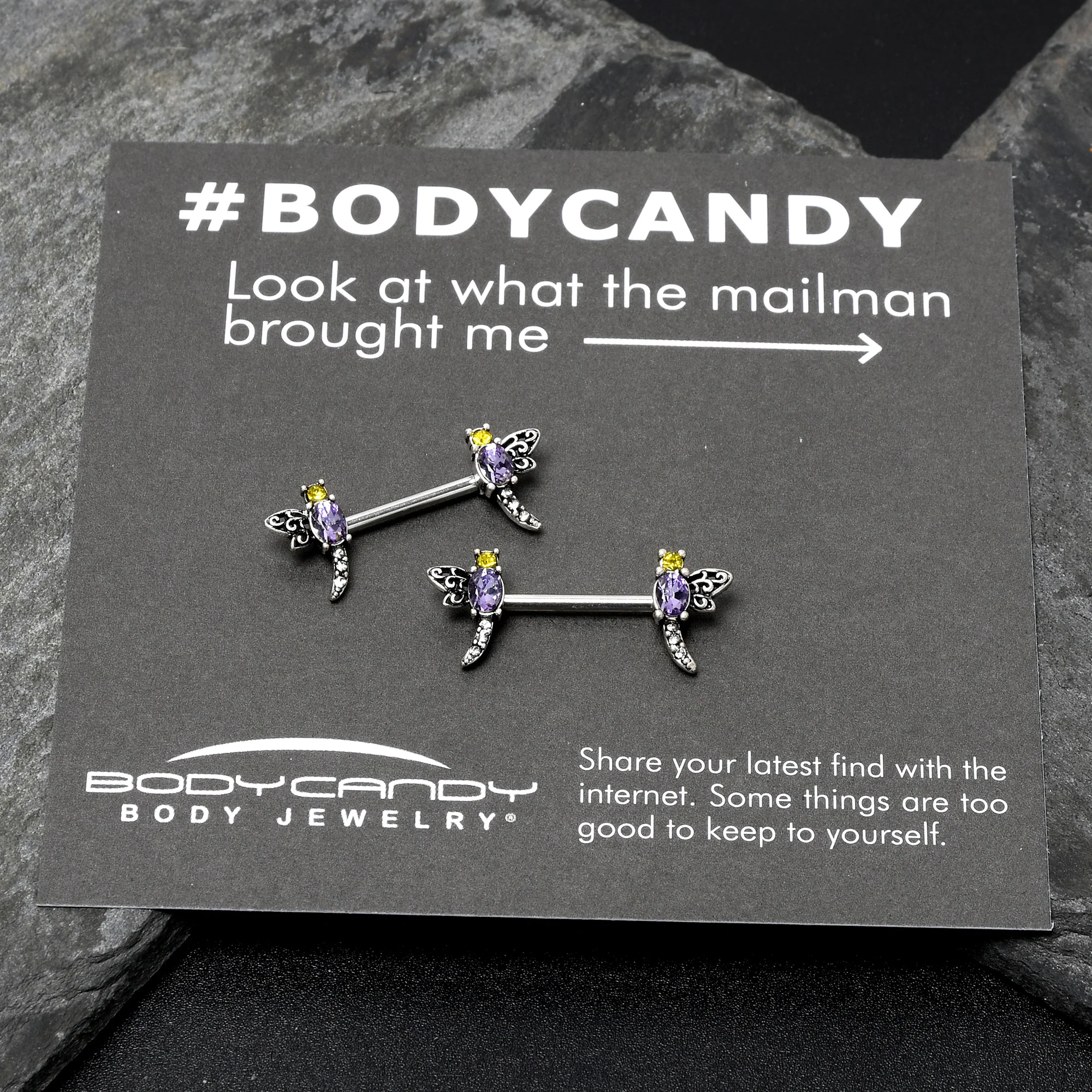 14G 9/16 Purple Yellow Gem Dragonfly Barbell Nipple Ring Set - Image 7