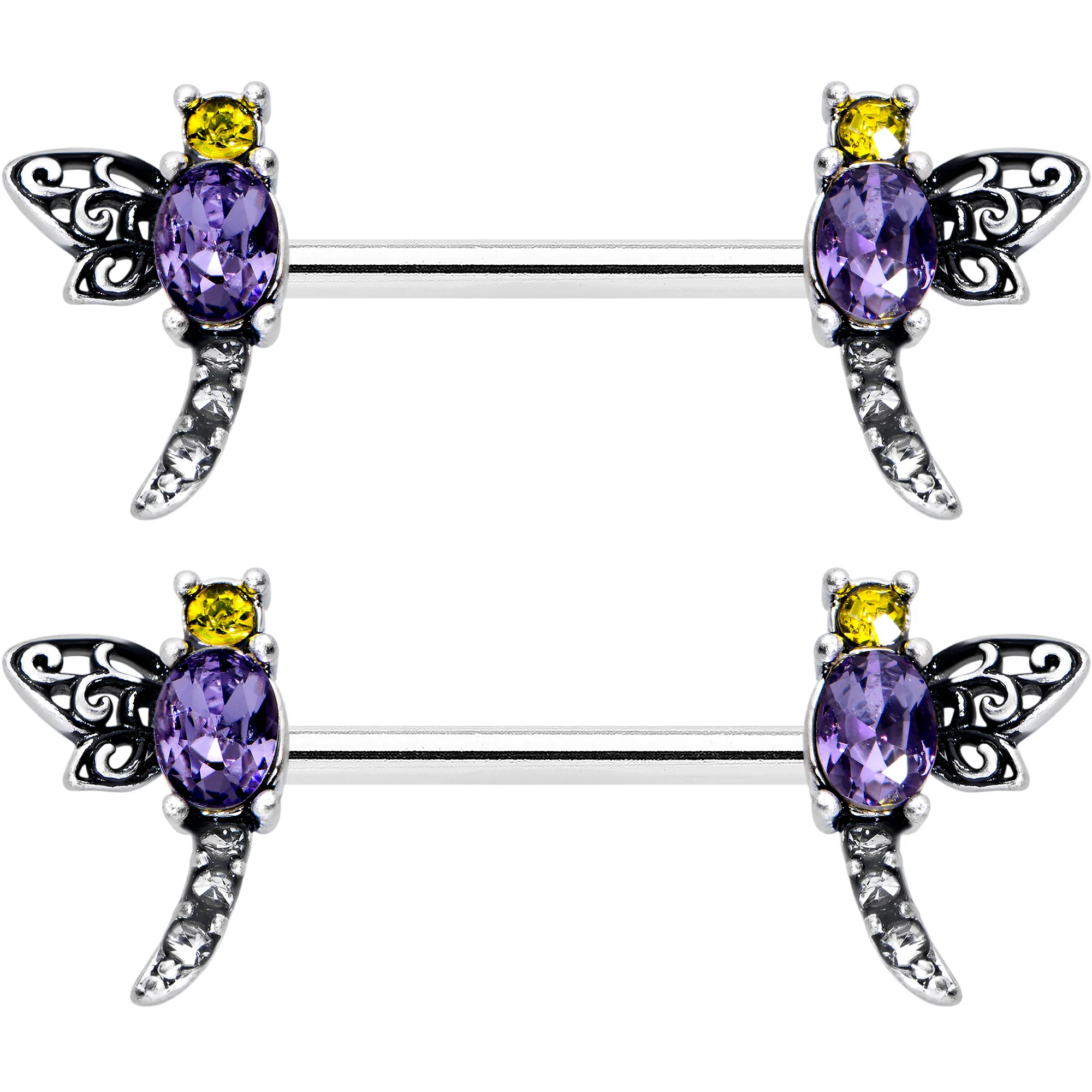 14G 9/16 Purple Yellow Gem Dragonfly Barbell Nipple Ring Set - Image 8
