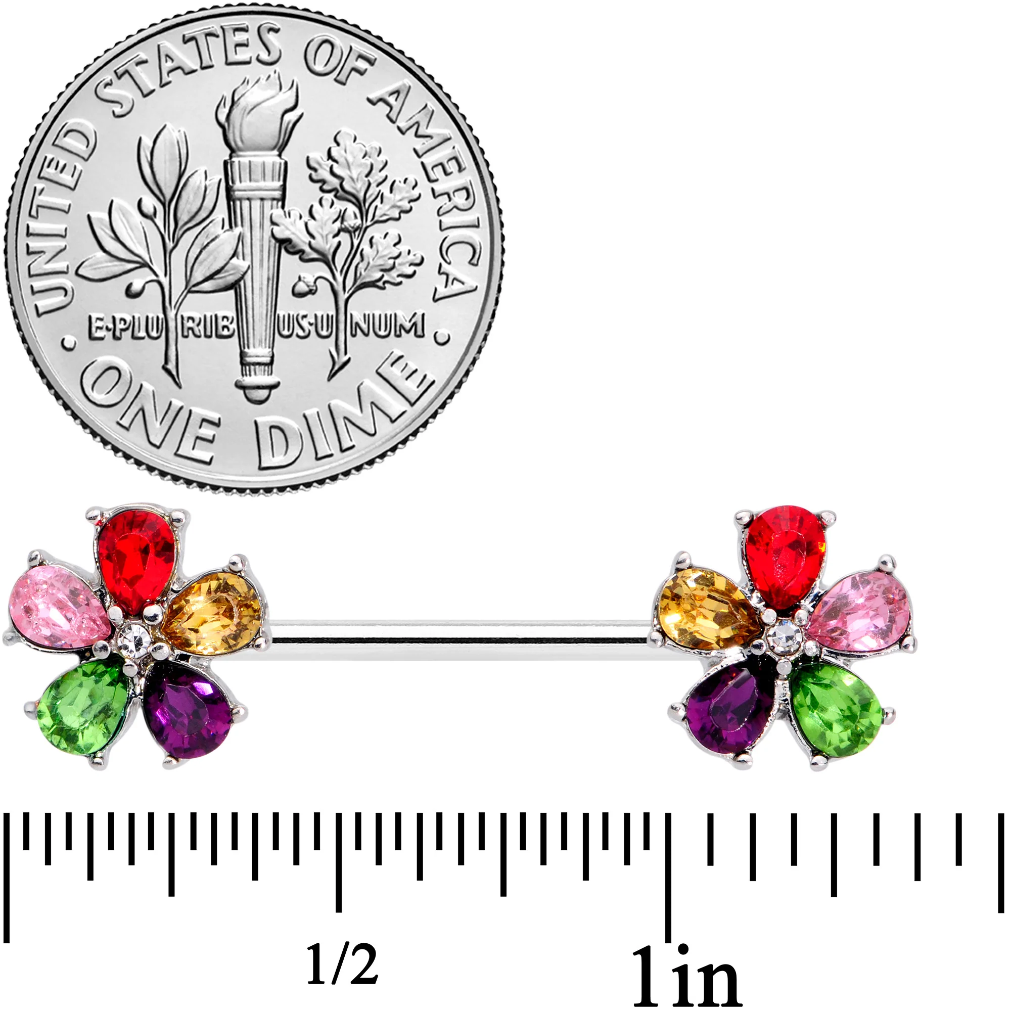 14G 9/16 Rainbow Gem Fabulous Flowers Barbell Nipple Ring Set - Image 2