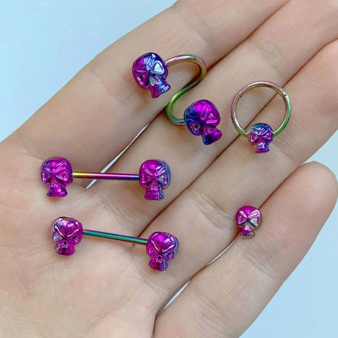 14G 9/16 Rainbow Plated Scary Skull Barbell Nipple Ring Set - Image 2