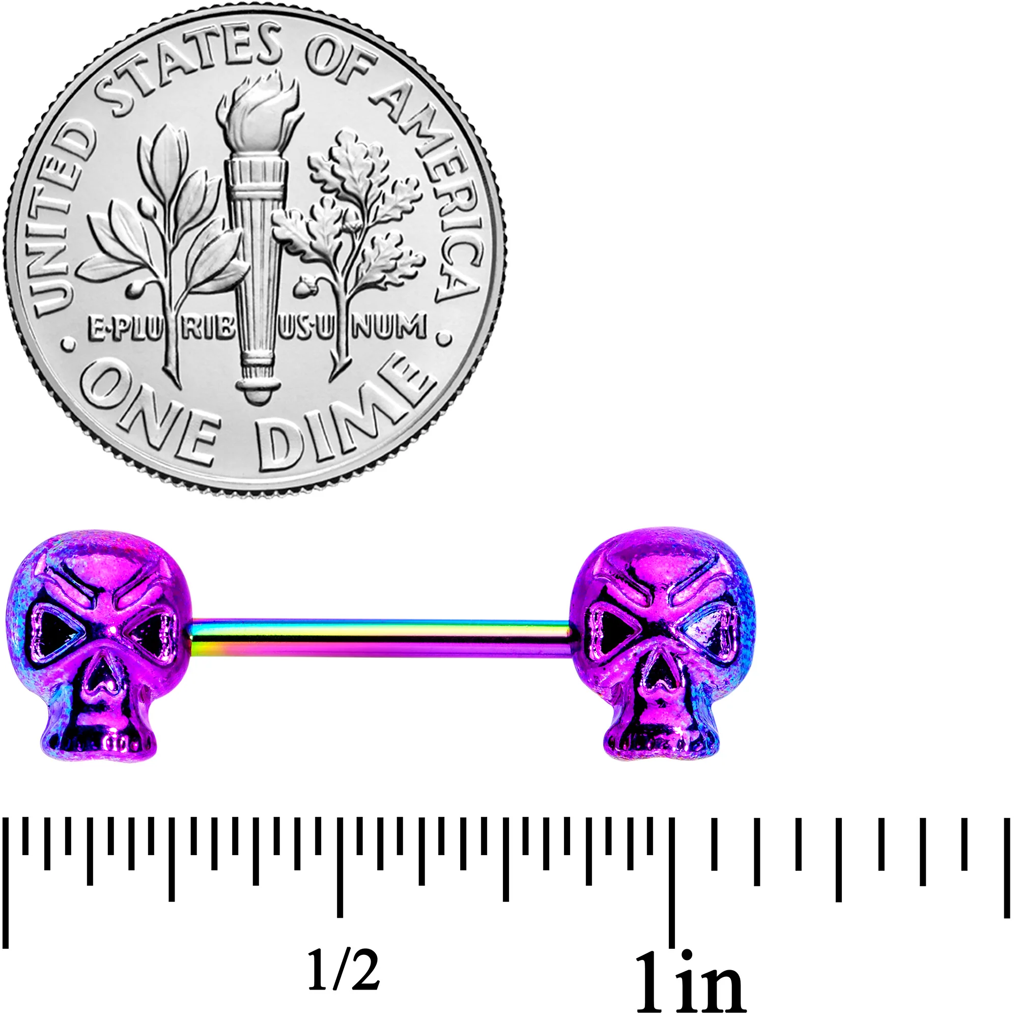 14G 9/16 Rainbow Plated Scary Skull Barbell Nipple Ring Set - Image 3